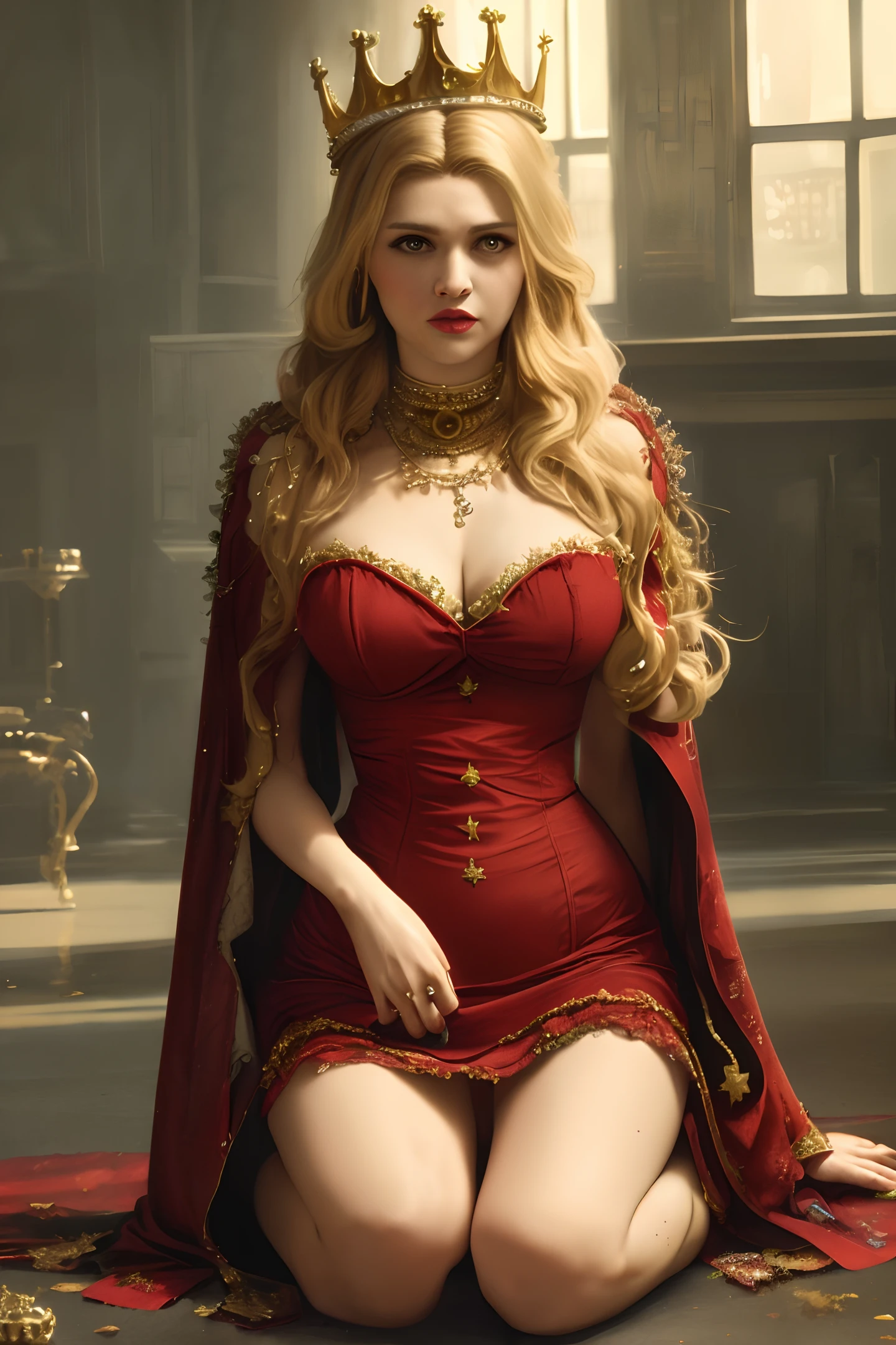 Wearing a golden crown, a 14-year-old beauty with big breasts ((German classic)) full body panorama, (barefoot focus) (captive), model photo, red body, blood stains, torn skirt (details: 0.9), golden long hair shawl (high detail CG Uniform 8k wallpaper), busty, landscape) gorgeous emoji, torn skirt, decoupage, rosy cheeks, Madonna-like expression, the most beautiful art full body of American industry, Ed Blinkey, Atey Ghailan, Ghibli works Chamber, Jeremy Mann, Greg Manchess Professional Majestic Painting, Antonio Moro, ArtStation Trends, CGSociety Trends, The Art of Intercate, Highly Detailed, Clear, Realistic Painting, Greg Rutkowski (National Science Foundation Conference)