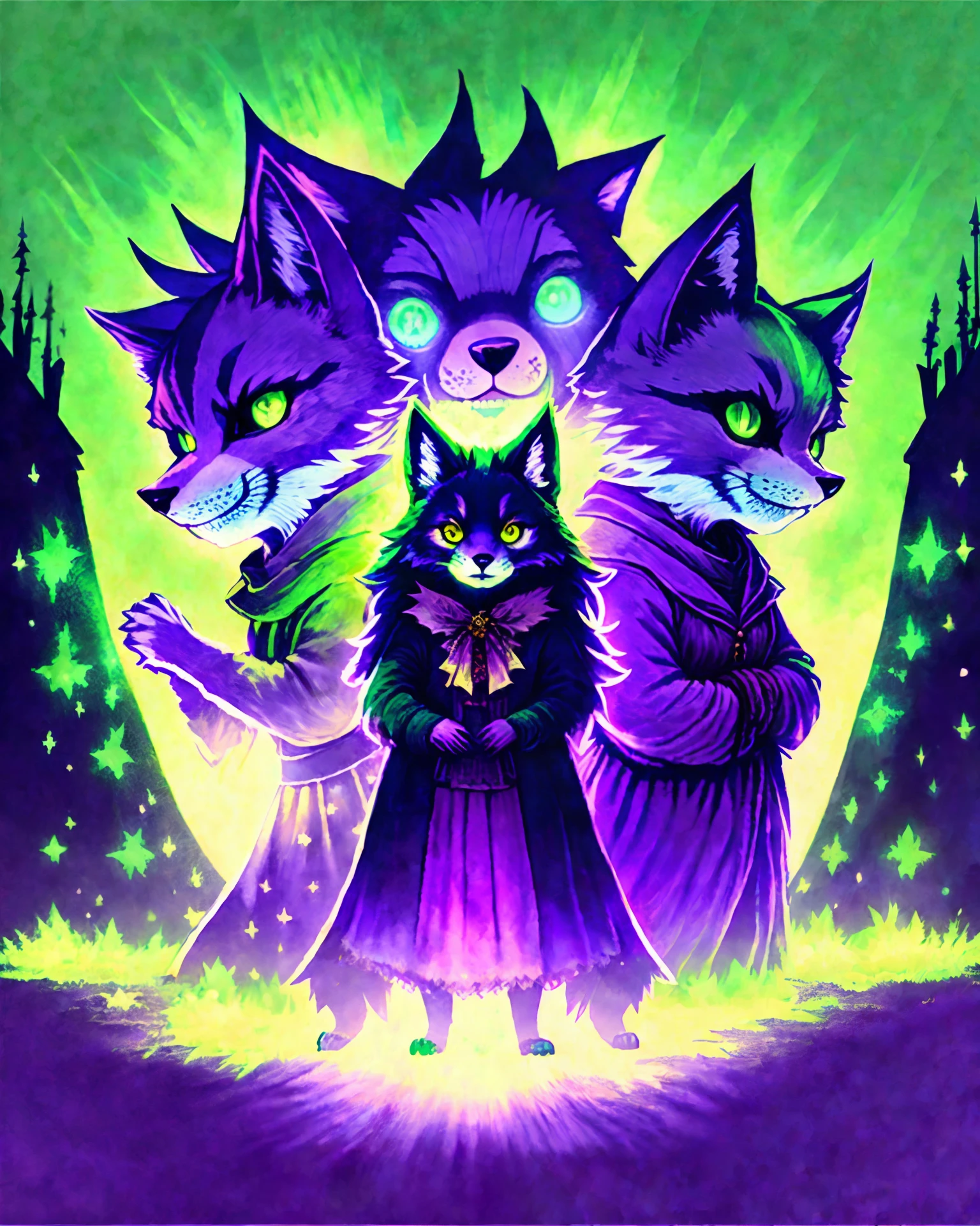 Two people stand on either side, a werewolf with claws and fierce eyes, and a cute furry witch with green and purple rays