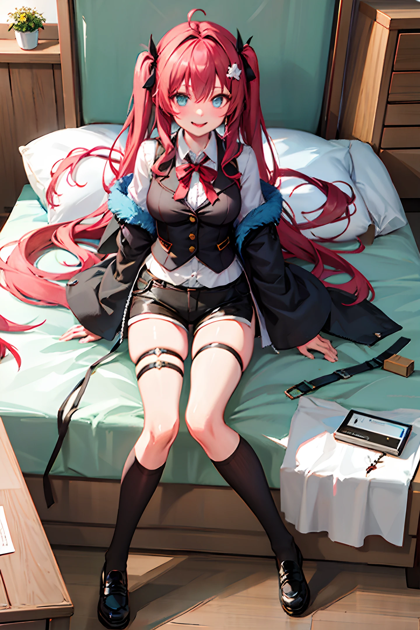 Masterpiece, best quality, girl, alternate hair lengths, ridiculously long hair, brunette, ahoge, bow, aqua eyes, seductive smile, tongue, dark eyes, long eyelashes, big breasts, moles on breasts, vest, shorts, black stockings, leg straps, shoes, pendants, hair straps, flower ribbons, hair bands, hair clips, hair_ribbon, hair_flower,