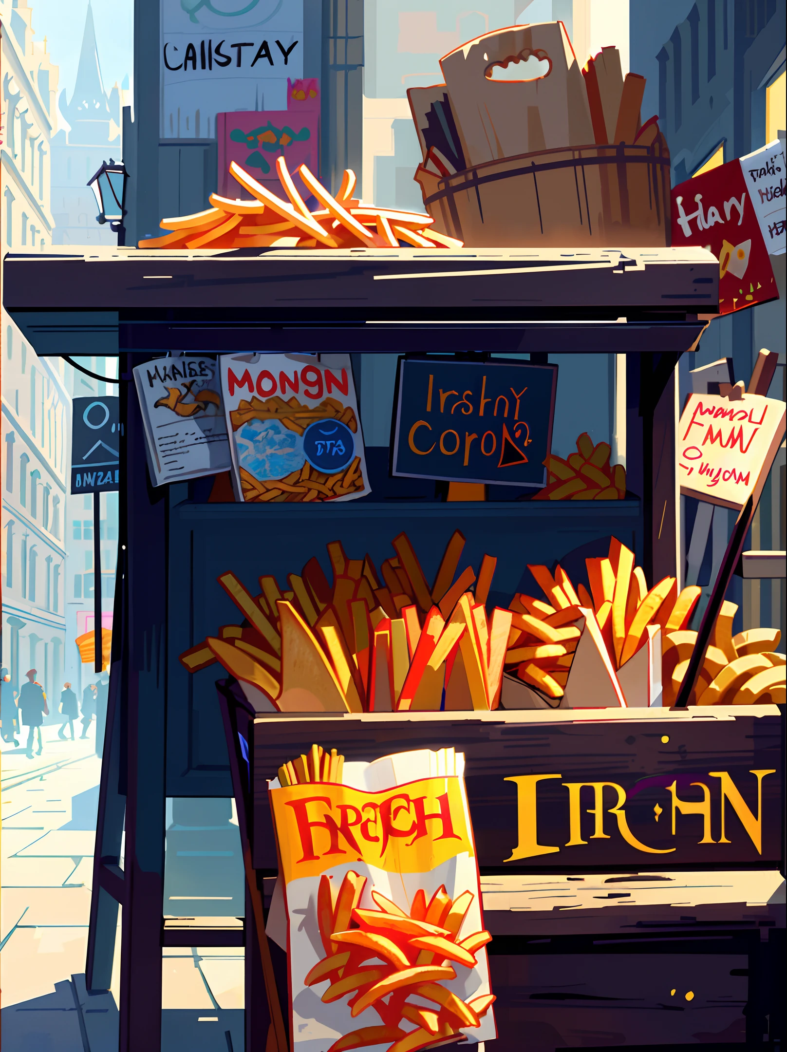 [(transparent background: 1.5)::5],(((masterpiece))),(((best quality))),(((extremely detailed))),illustration, mysterious,vivid color, shiny , (impressionism: 1.4), Pret A Manger, French Fries, Family Barrel, Fish and Chips, (snack bar), (food stand), london, harry potter, Harry Potter, wizarding world