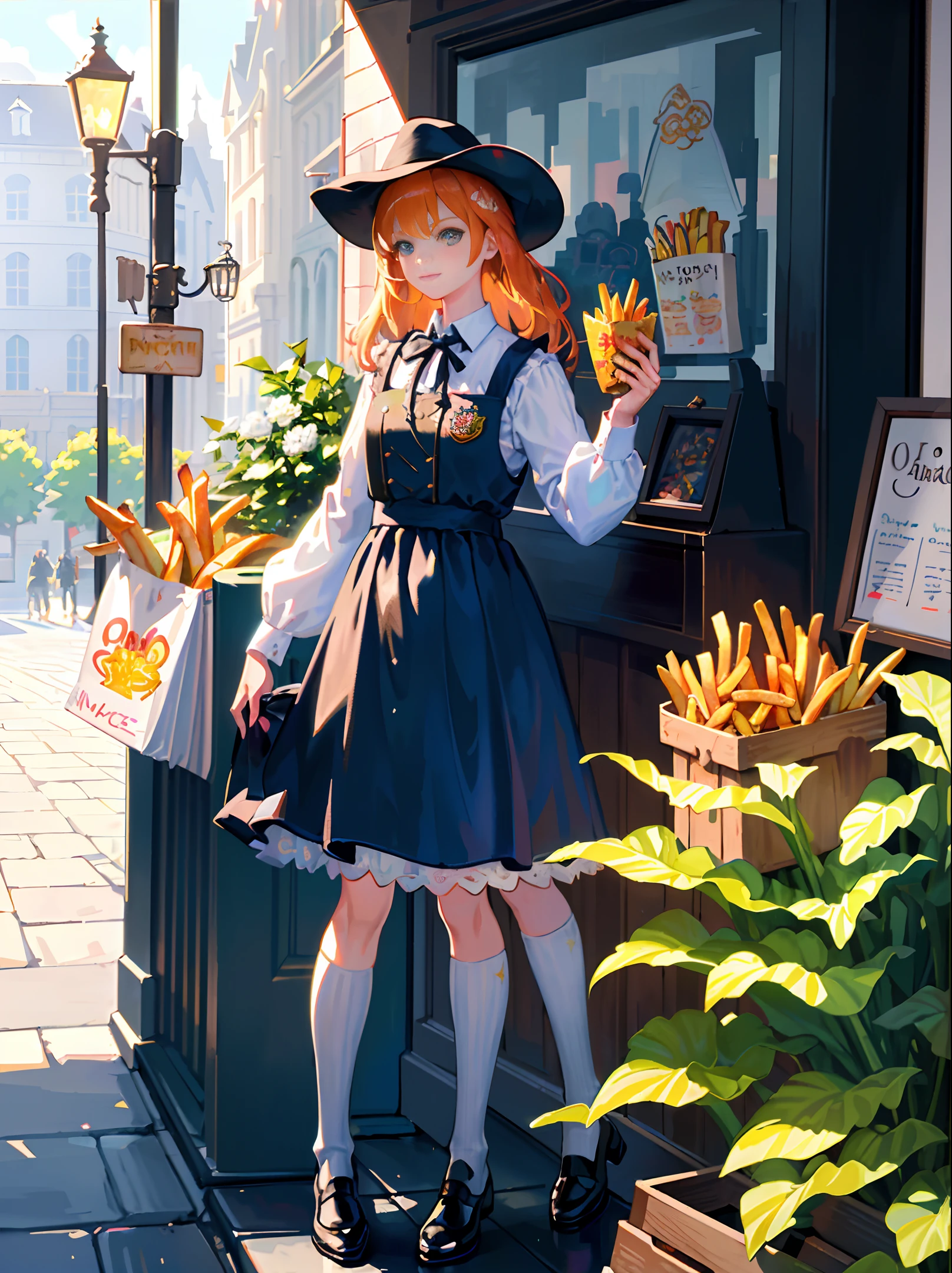 [(transparent background: 1.5)::5],(((masterpiece))),(((best quality))),(((extremely detailed))),illustration, mysterious,vivid color, shiny , (impressionism: 1.4), Pret A Manger, French Fries, Family Barrel, Fish and Chips, (snack bar), (food stand), london, harry potter, Harry Potter, wizarding world
