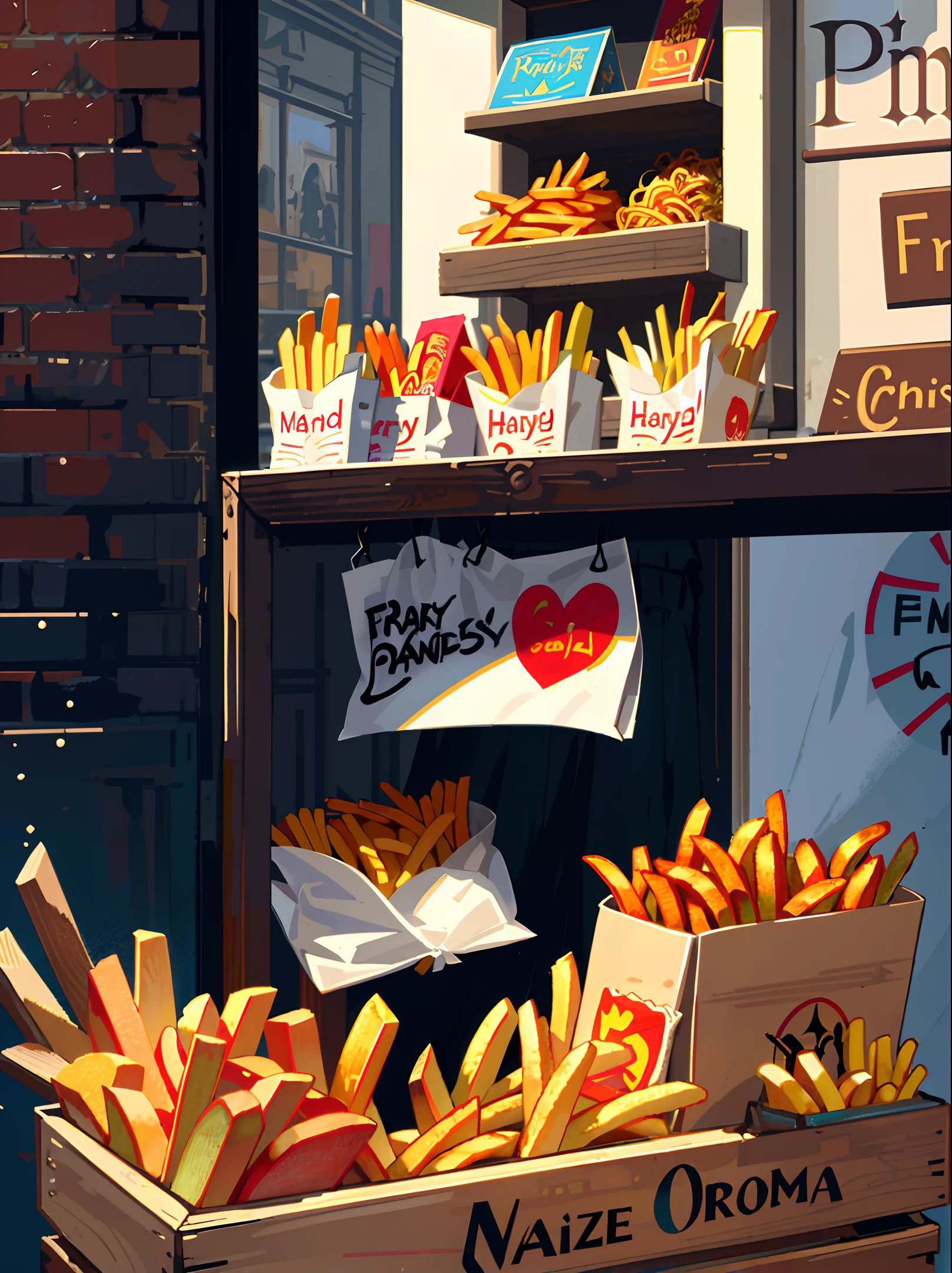 [(transparent background: 1.5)::5],(((masterpiece))),(((best quality))),(((extremely detailed))),illustration, mysterious,vivid color, shiny , (impressionism: 1.4), Pret A Manger, French Fries, Family Barrel, Fish and Chips, (snack bar), (food stand), london, harry potter, Harry Potter, wizarding world, eatery, cuisine