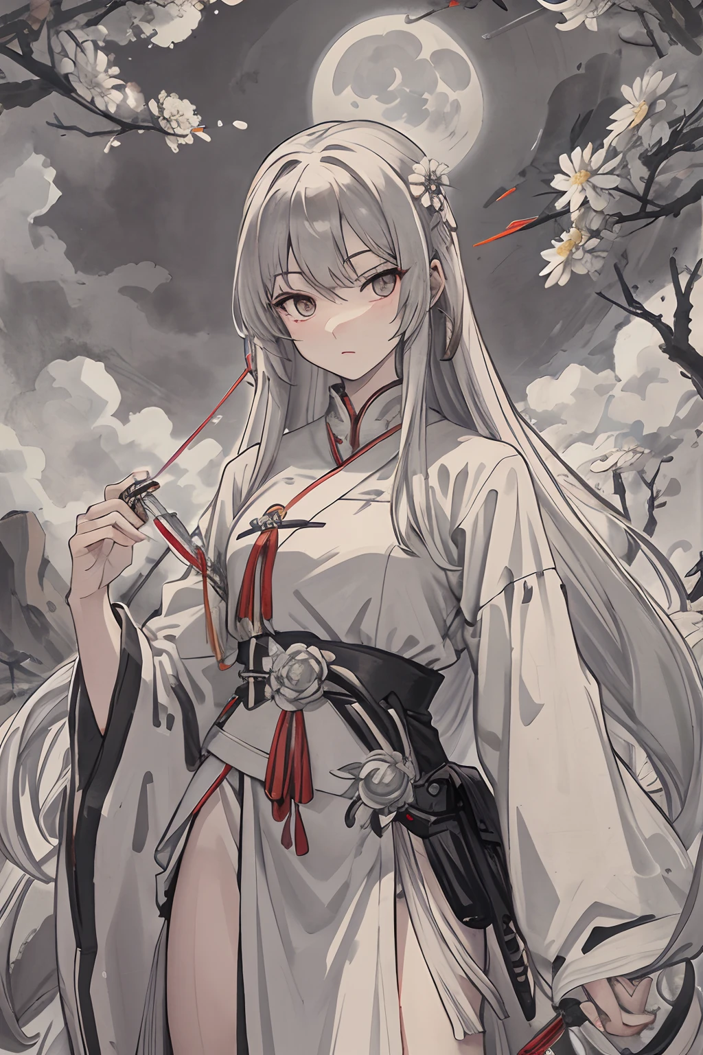 Masterpiece Needle Night Mountain Clouds Full Moon Long Hair Female Silver White Long Hair Mature Three Belts Gray Eyes Assassin Dagger Flower