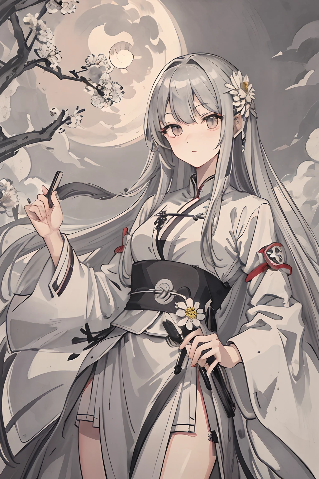 Masterpiece Needle Night Mountain Clouds Full Moon Long Hair Female Silver White Long Hair Mature Three Belts Gray Eyes Assassin Dagger Flower