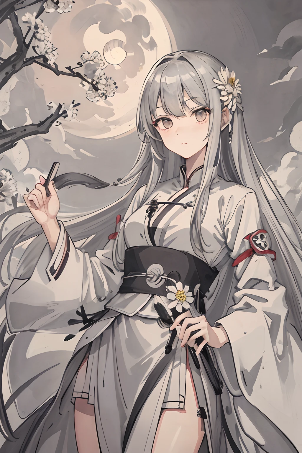 Masterpiece Needle Night Mountain Clouds Full Moon Long Hair Female Silver White Long Hair Mature Three Belts Gray Eyes Assassin Dagger Flower
