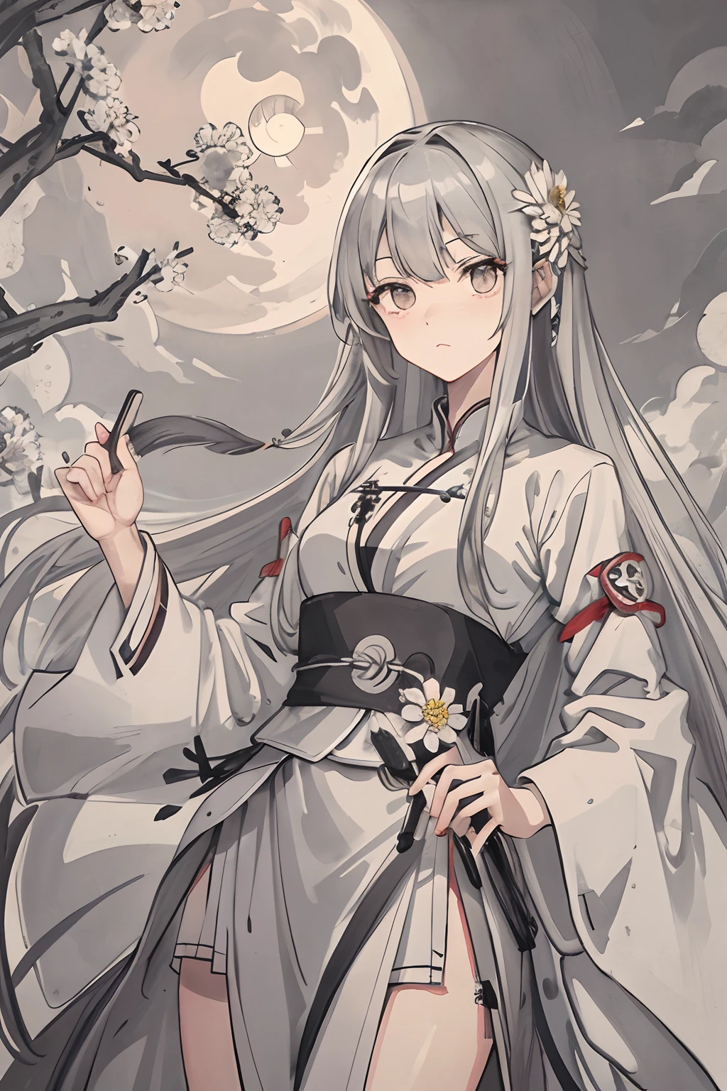 Masterpiece Needle Night Mountain Clouds Full Moon Long Hair Female Silver White Long Hair Mature Three Belts Gray Eyes Assassin Dagger Flower