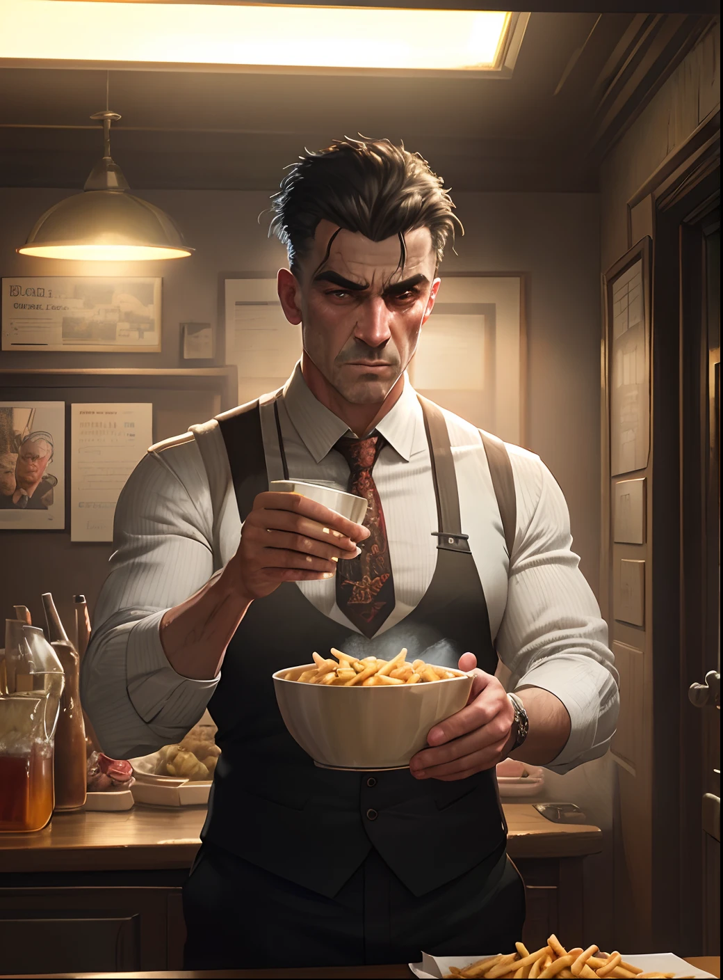 Detailed and high-quality CG illustration with a gritty and atmospheric British gangster theme. Featuring an intricate and highly-detailed depiction of classic British pub fare including crispy and perfectly-seasoned french fries, this piece captures the essence of the edgy and visceral world of the British underworld.