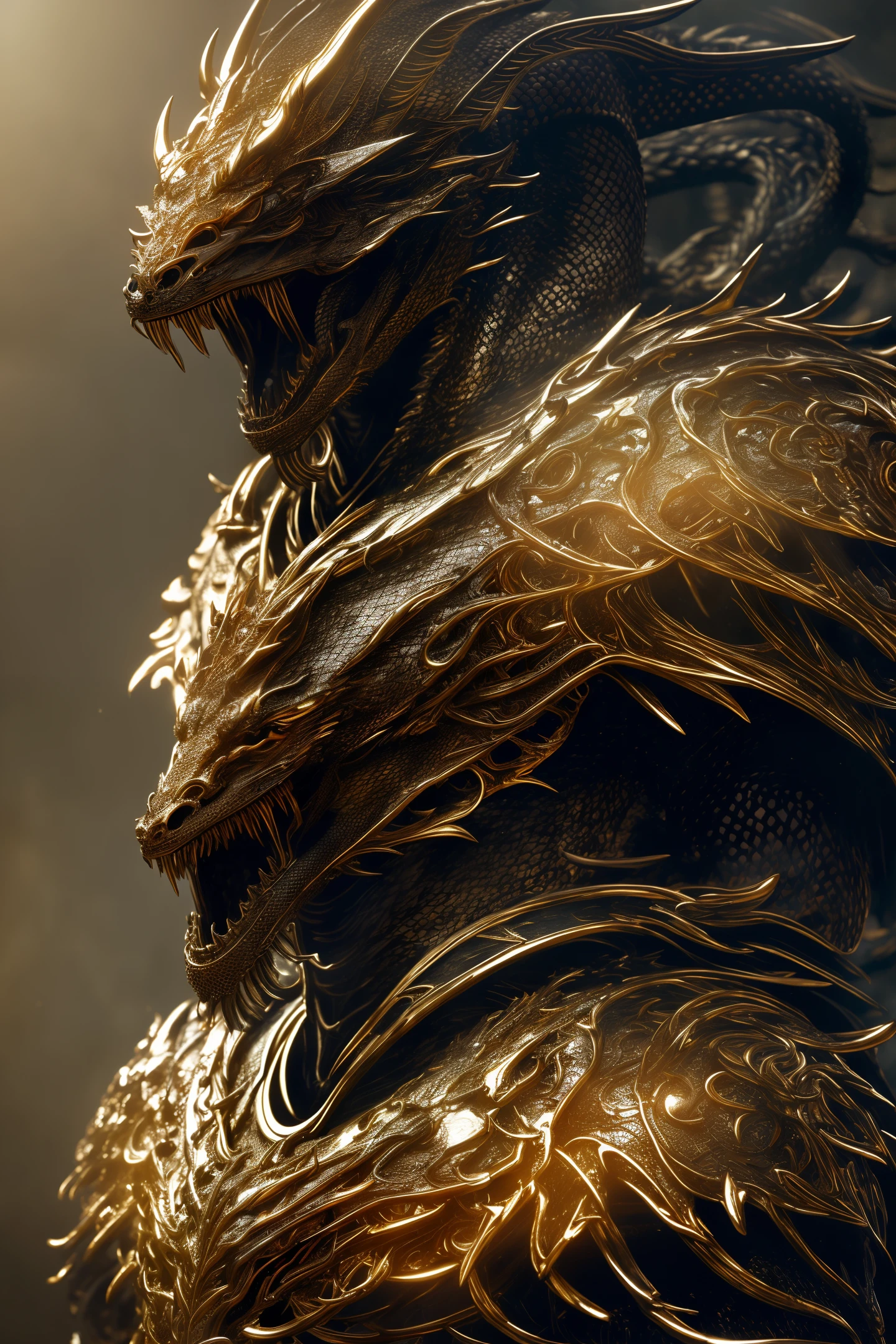 A (full body:1.3) shot at 8k resolution, best quality masterpiece, photorealistic, intense look, anatomical photorealistic digital painting portrait of a (male, muscular human warrior:1.3) in (black gold dragon scale intricate light armor:1.3) in a (mystical dark biomechanical environment:1.3), facial hair, long beard, light particle, very detailed skin, samurai holding golden katana, very detailed eyes, (elden ring style:1.3), long silver hair, (elvish kings armour style:1.1), concept artist, global illumination, depth of field, splash art