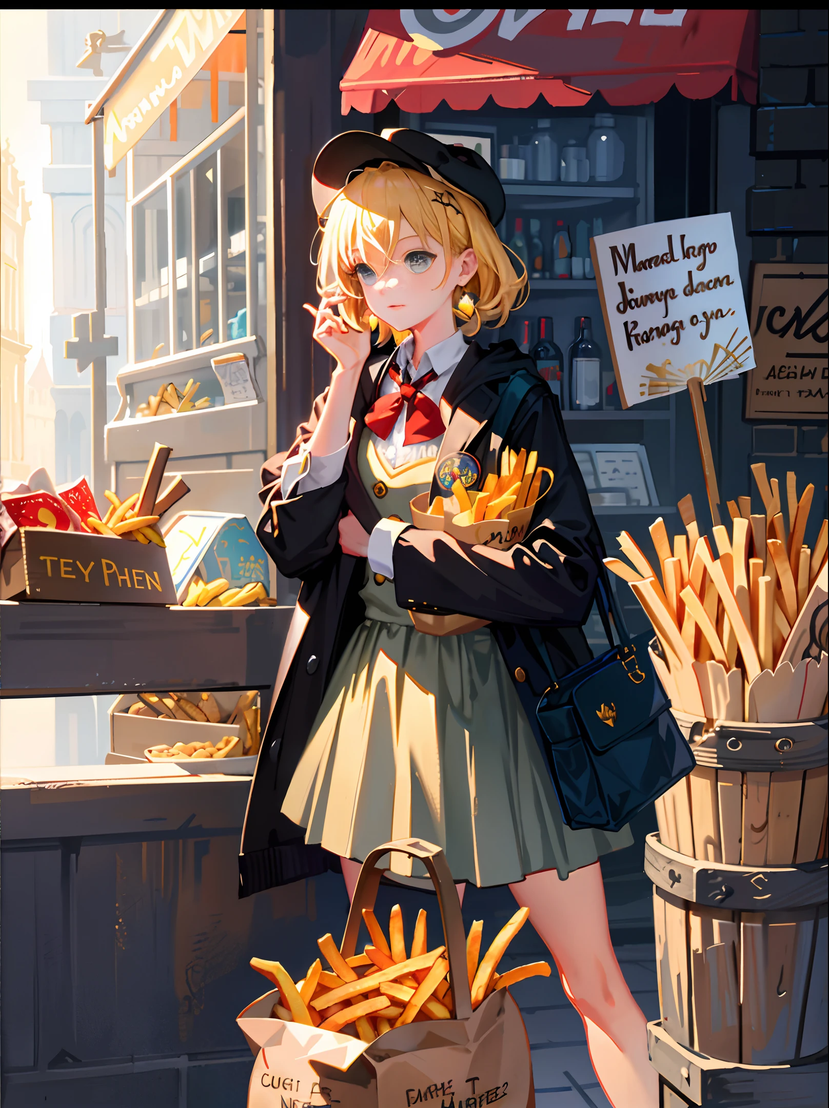 [(transparent background: 1.5)::5],(((masterpiece))),(((best quality))),(((extremely detailed))),illustration, mysterious,vivid color, shiny , (impressionism: 1.4), Pret A Manger, French Fries, Family Barrel, Fish and Chips, (snack bar), (food stand), london, harry potter, Harry Potter, wizarding world, eatery, cuisine, food service, typography, type design, magical style, mystical font, 