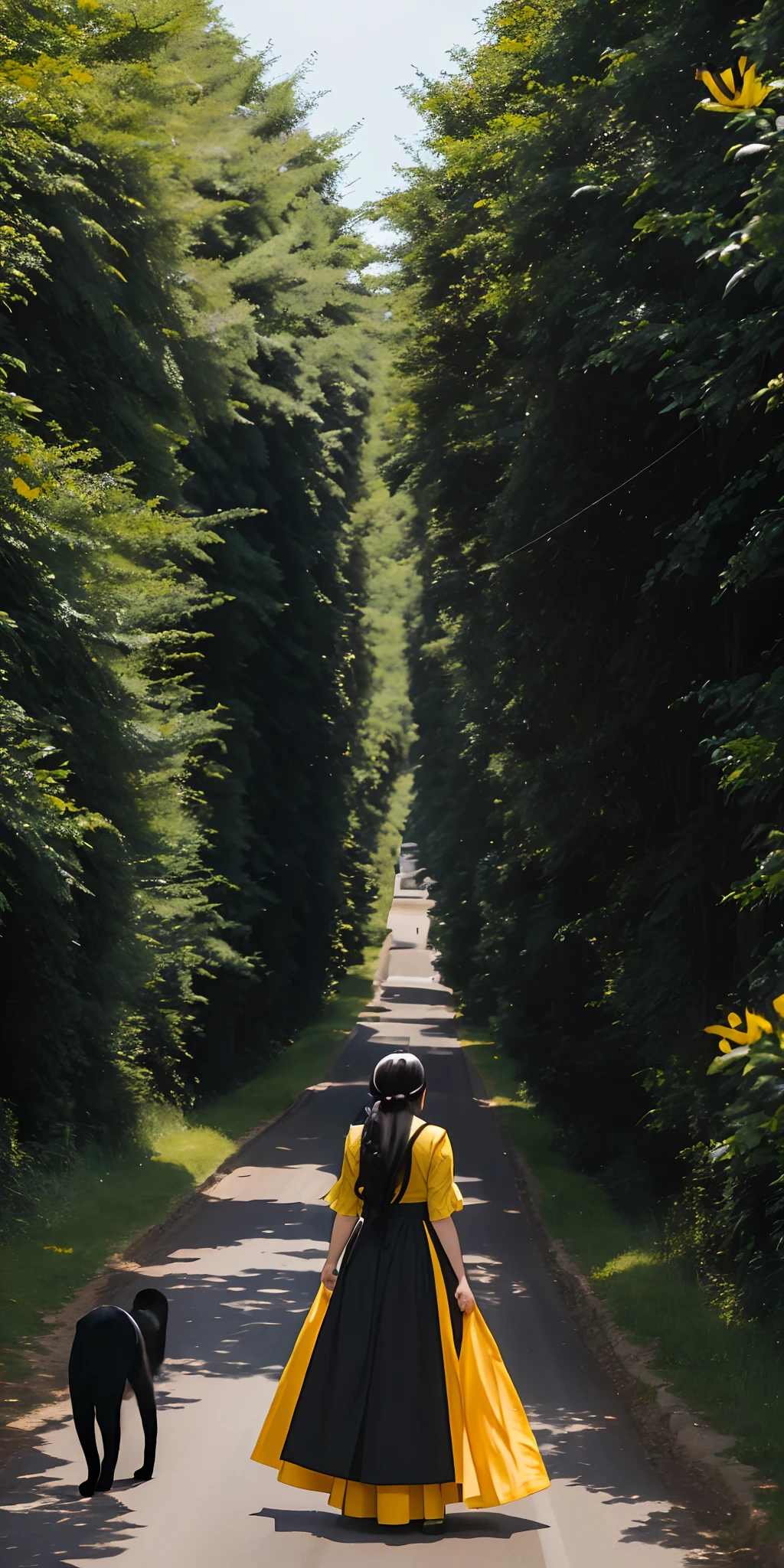 A woman, one long braid in her black hair, standing showing her backside, wearing ankle touching long yellow skirt with green borderline, two hands clasped one another on her back, a cat sitting beside her, village road, green field, high resolution cover photo