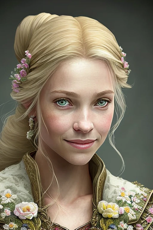 ((dnd young woman portrait)), happy, HD, (extreme detail), (high detail photo: 1.5), Stunning, Character, Portrait, (( (Looking sideways))), angular features, (blonde hair, ponytail ), cloak embroidered with flowers, (muted natural colors: 1.3) in the painterly style of Thierry Doison, splash