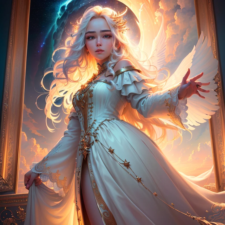 
(A stunning masterpiece with God-like beauty), best quality, ultra-detailed CG unity 8k wallpaper, (striking facial features, detailed hair, and unique clothing), at a dynamic angle, surrounded by (majestic clouds or celestial elements), in (glorious or ethereal lighting), and framed by a (breath-taking background).