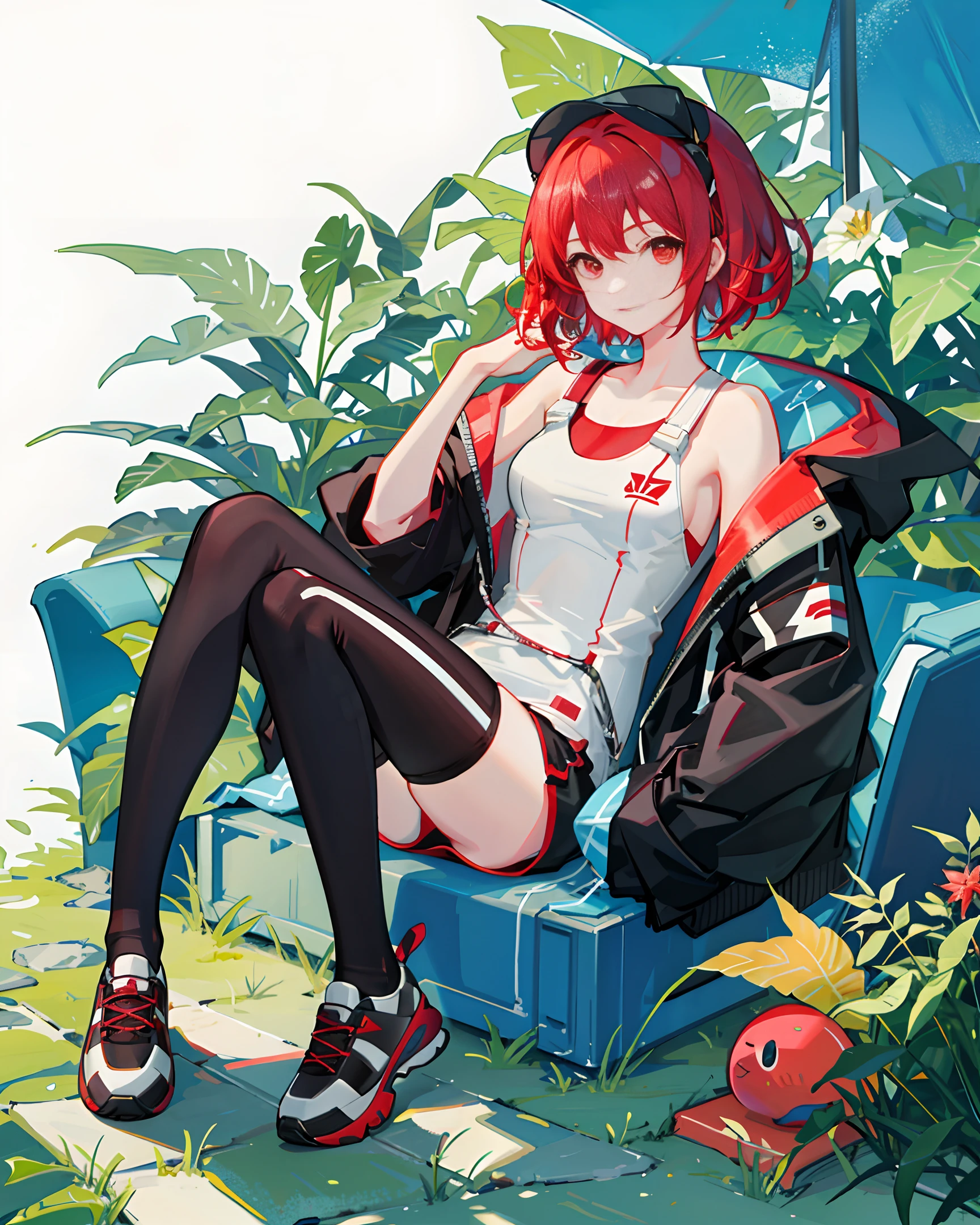 1girl, in container,red_hair,red_eyes,short_hair,White sports shoes, swimsuits,White coat, white stockings,