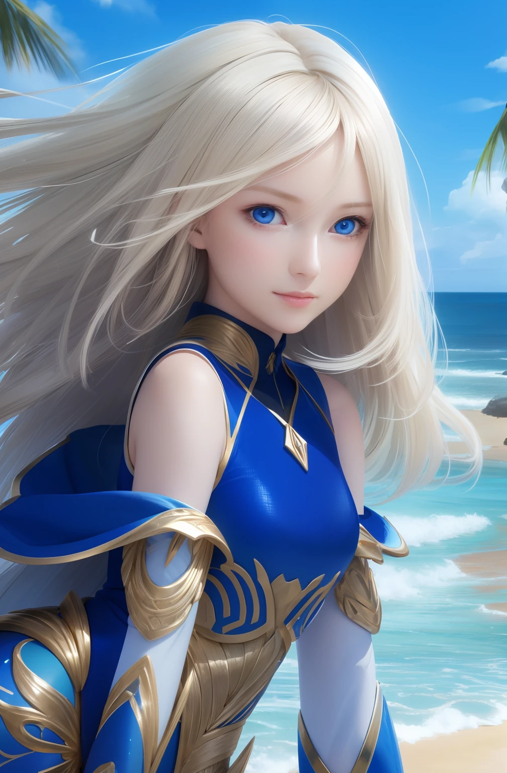 Pretty Female, Windblow blonde hair, glowing blue eyes, realistic, masterpiece, high detailed, 4K, beach background, high detailed light, little smile, white skin
