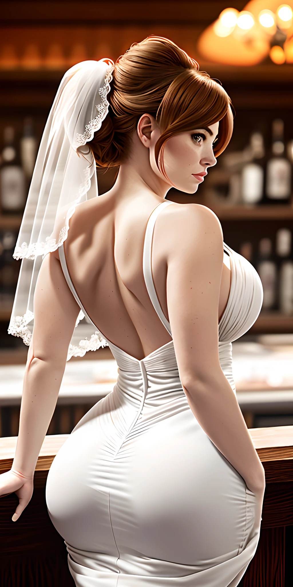 beautiful (emma stone:1.1) beautiful woman hair updo upsweep nightclub sitting at bar stool, in sexy ass wedding dress, ass showing from behinnd, white, veil , (full body:1.3), sexy figure, (big boobs:1.3), (masterpiece) (best quality) (detailed) (8k) (HDR) (wallpaper) (cinematic lighting) (sharp focus) (intricate)