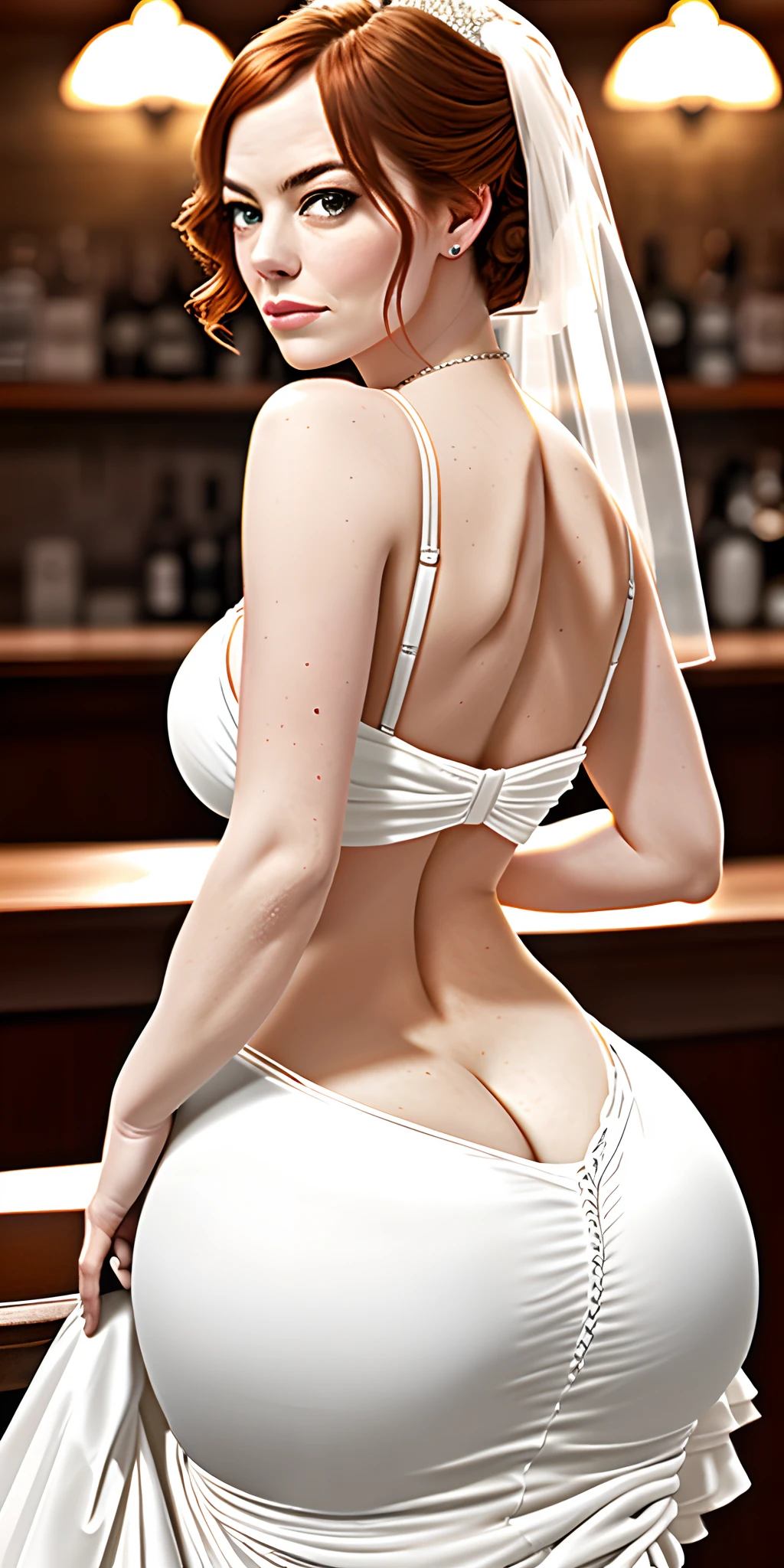 beautiful (emma stone:1.1) beautiful woman hair updo upsweep nightclub sitting at bar stool, in sexy ass wedding dress, ass showing from behinnd, white, veil , (full body:1.3), sexy figure, (big boobs:1.3), (masterpiece) (best quality) (detailed) (8k) (HDR) (wallpaper) (cinematic lighting) (sharp focus) (intricate)
