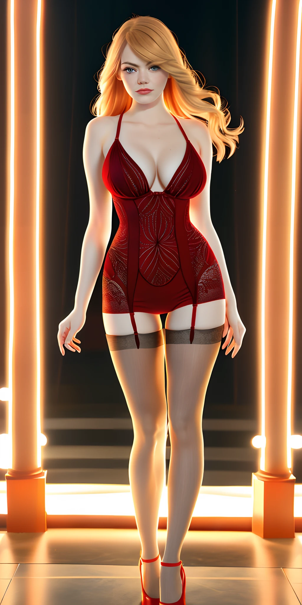 photo of (emma stone:1.1) beautiful woman blonde hair, long hair, nightclub, dancing pole, spreading legs, in sexy ass red velvet doll dress, stockings, pantyhose, (full body:1.3), sexy figure, (big boobs:1.3), (masterpiece) (best quality) (detailed) (8k) (HDR) (wallpaper) (cinematic lighting) (sharp focus) (intricate