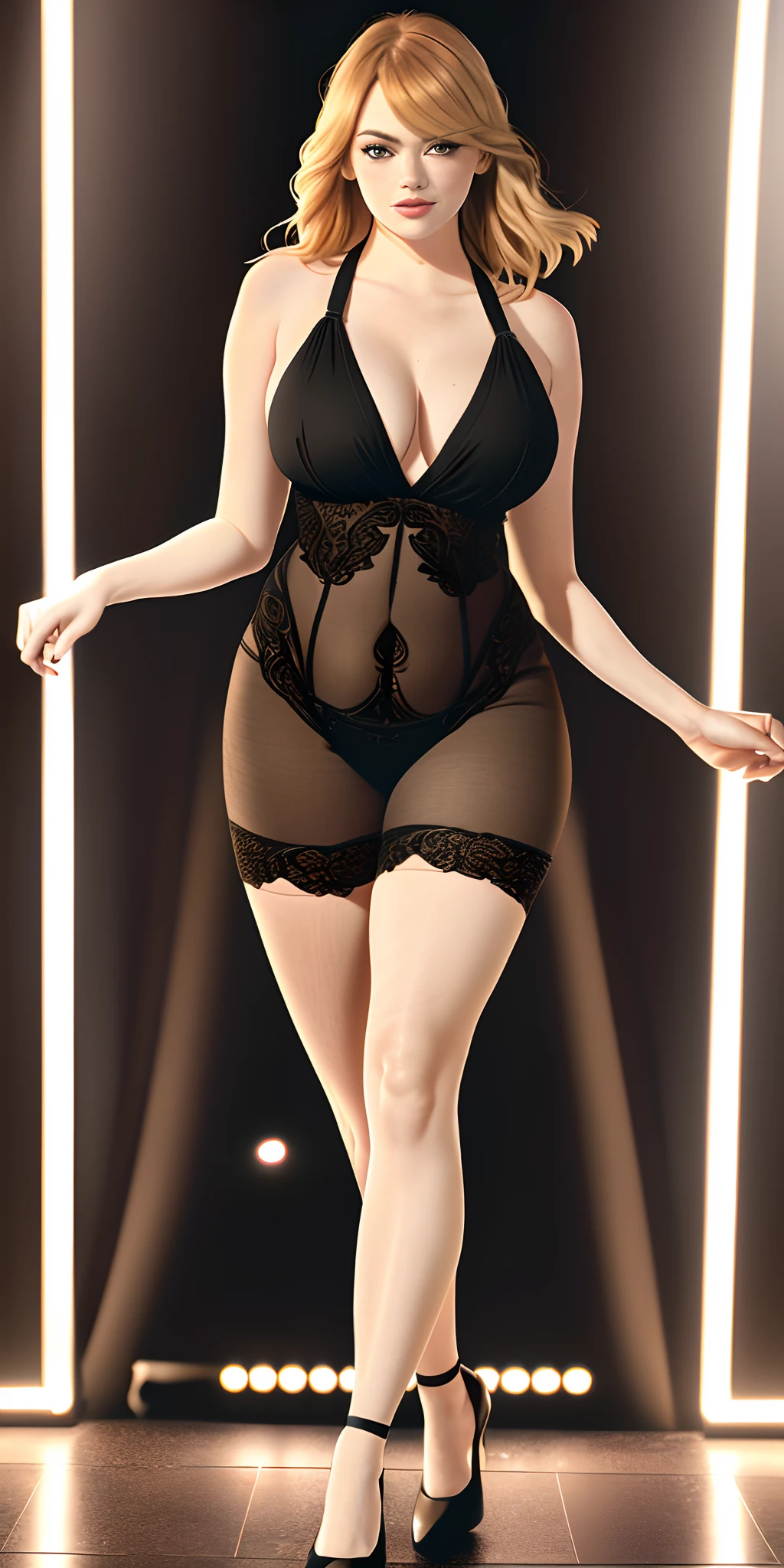 photo of (emma stone:1.1) (full body portrait) beautiful woman blonde hair, long hair, nightclub, dancing pole, dancing, spreading legs, in sexy dress, stockings, pantyhose, (full body:1.3), sexy figure, (big boobs:1.3),(bbw), 30 year old woman, curvy body, big body, (masterpiece) (best quality) (detailed) (8k) (HDR) (wallpaper) (cinematic lighting) (sharp focus) (intricate