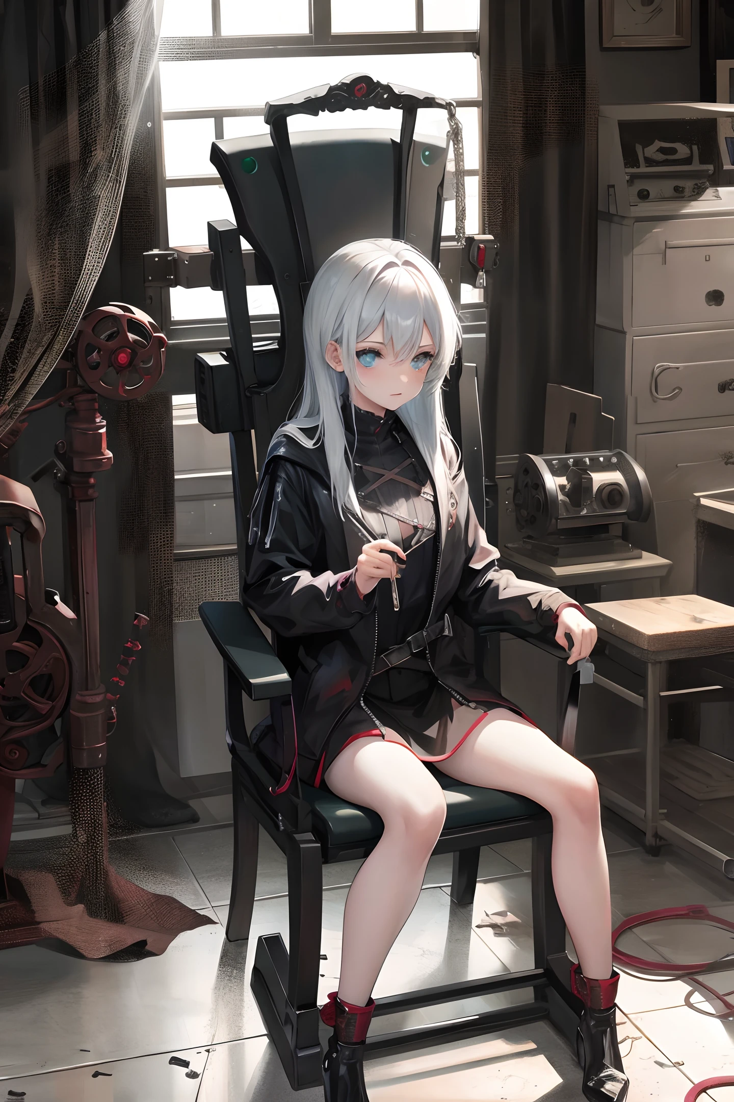 a girl sitting on a torture chair in the room with a lot of scary machines