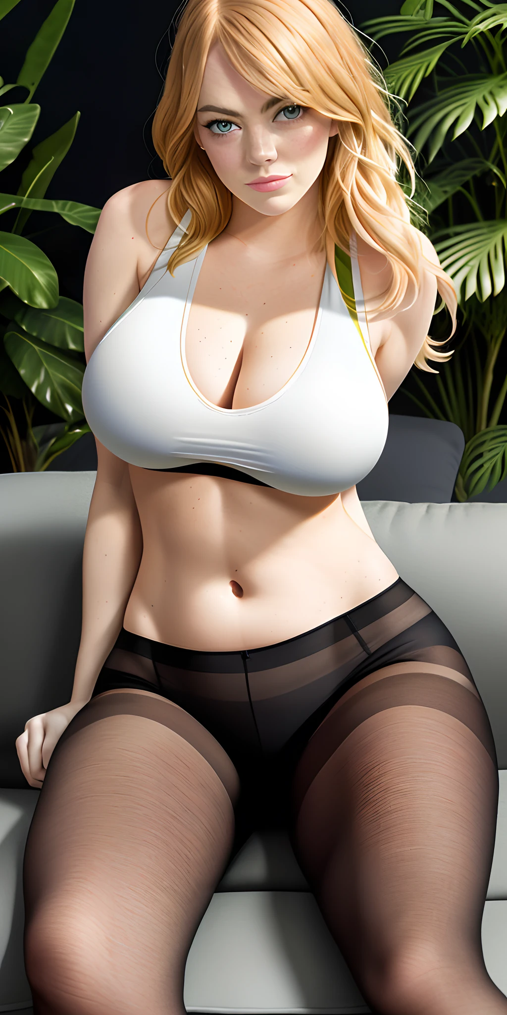 photo of (emma stone:1.1) (full body portrait) beautiful woman blonde hair, long hair,  nightclub, laying on couch, spreading legs, in  tank top, tight abs, stockings, pantyhose, (full body:1.3),  figure, (big :1.3),(bbw), 30 year old woman, curvy body, big body, (masterpiece) (best quality) (detailed) (8k) (HDR) (wallpaper) (cinematic lighting) (sharp focus)