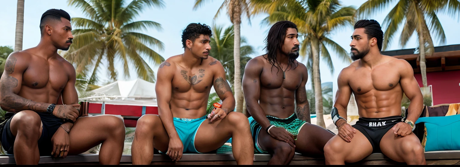 black guys at the gym after work out, they are using this white boy, an attractive man drinking piss an attractive shirtless homoerotic young mayan with a heavy bulge, highly detailed, cinematic composition, concept art, ultra wide angle, 35mm, 8 k, masterpiece, best quality, highres, realistic, Terminal Clasasic period, maya civilization, a crowd in the background, ruggedly handsome mayan, mustache, covered in maya tattoos and piercings, bokeh, large bulge