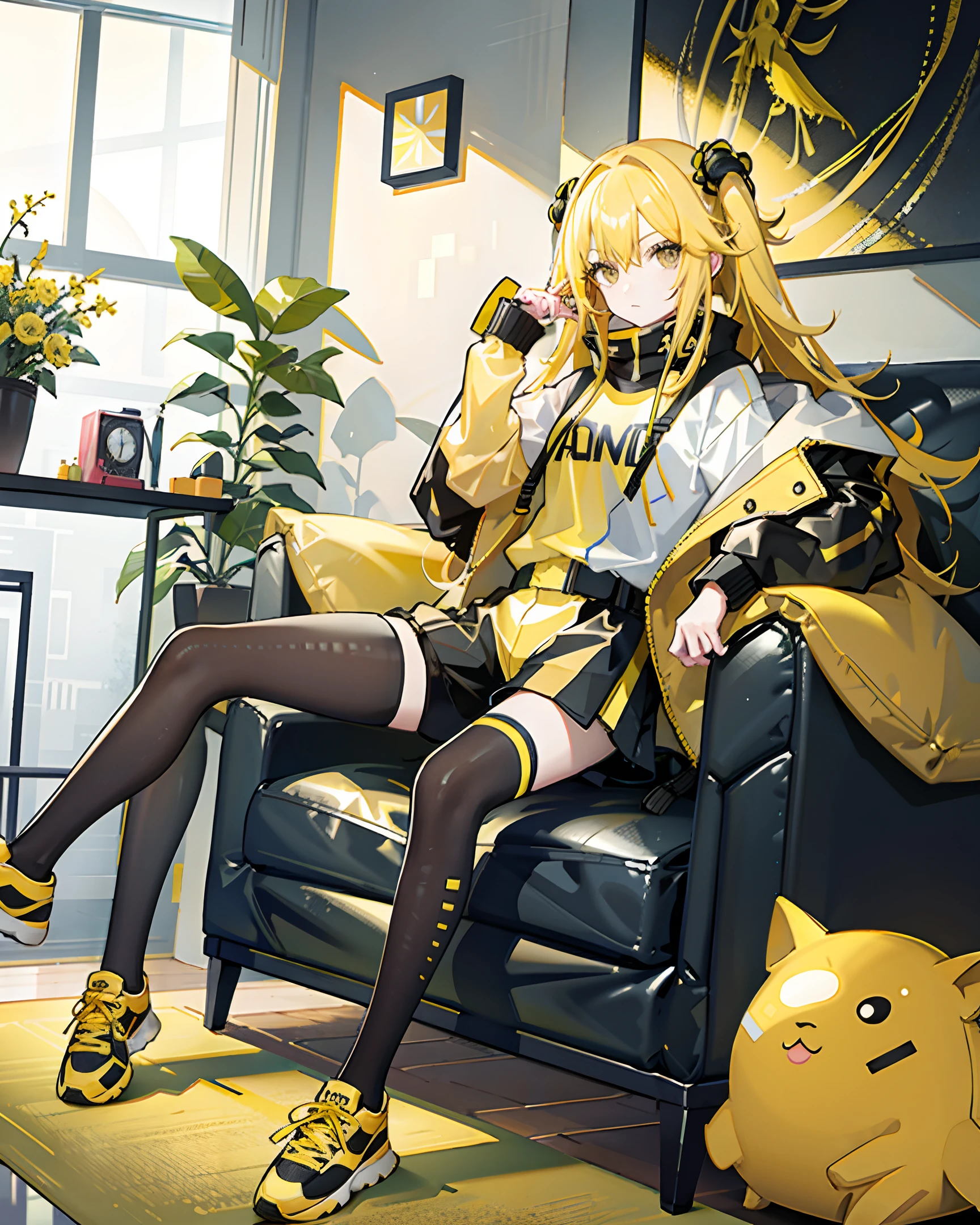 1girl, yellow hair, black eyes, long hair, yellow jacket, yellow socks, yellow sneakers, red sofa, leather sofa, indoor, flower, pet,