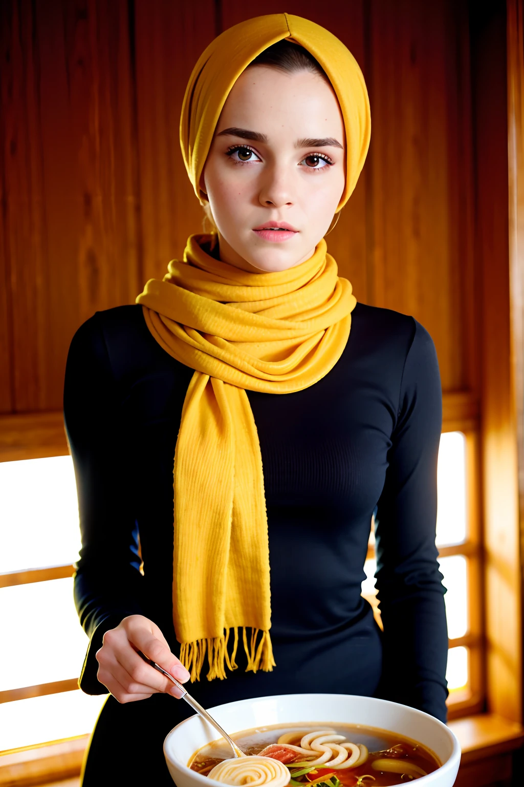 Emma Watson wearing Hijab, holding bowl full of ramen noodle,4k, high-res, masterpiece, best quality, finely detailed skin, sharp focus, (cinematic lighting), morning, soft lighting, dynamic angle, full body,