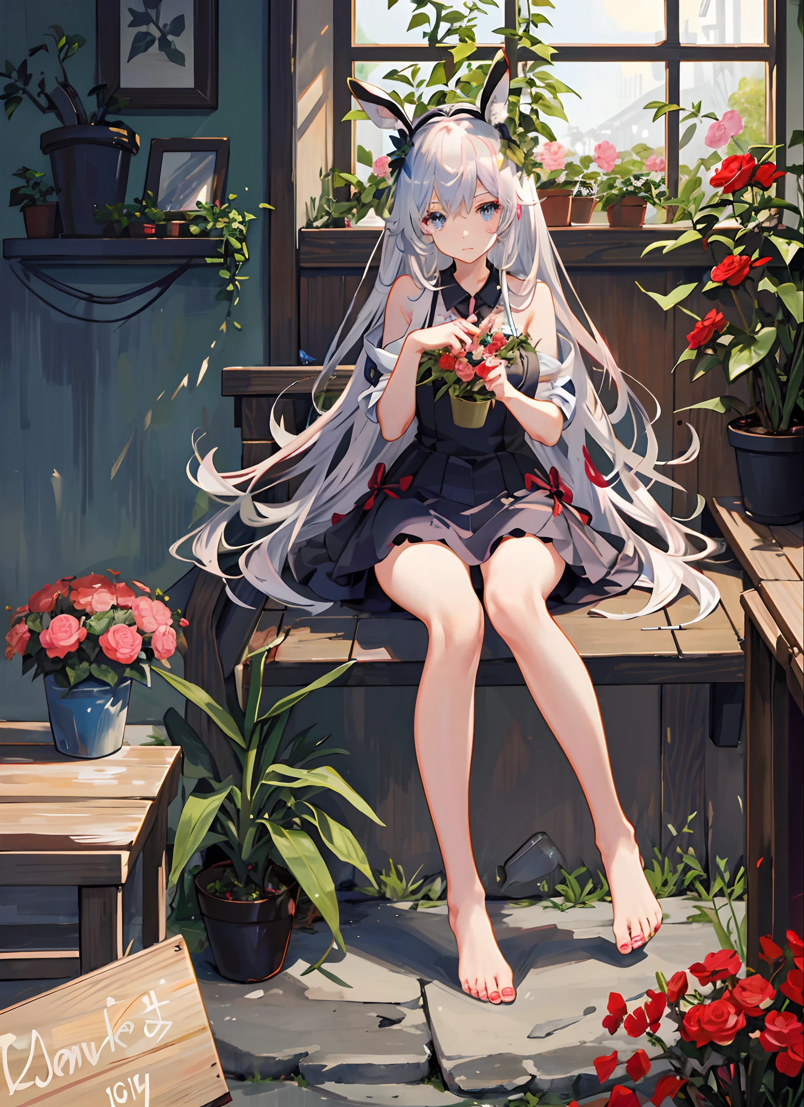 flowers, nail polish, plants, potted plants, buns, pots, vases, toenail polish, animal ears, bunny ears, roses, red nails, leaves, red flowers, hydrangeas, feet, tulips, bamboo, pink flowers, pull Cowflower, purple flowers, pink roses, toenails, 1girl, long hair, vines, blue nails, toes, red roses, stockings, bouquet, cactus, ivy, garden, soles, pink nails, blue eyes, bare feet, sitting wearing, watering can, yellow flowers, interlocking fingers, black trousers, palm trees, looking at the audience, short tie, manicure, Tanabata, bunny girl, window, amiya_\(arknights\), lily_of_the_valley, camellia, silver_hair, solo, ribbon