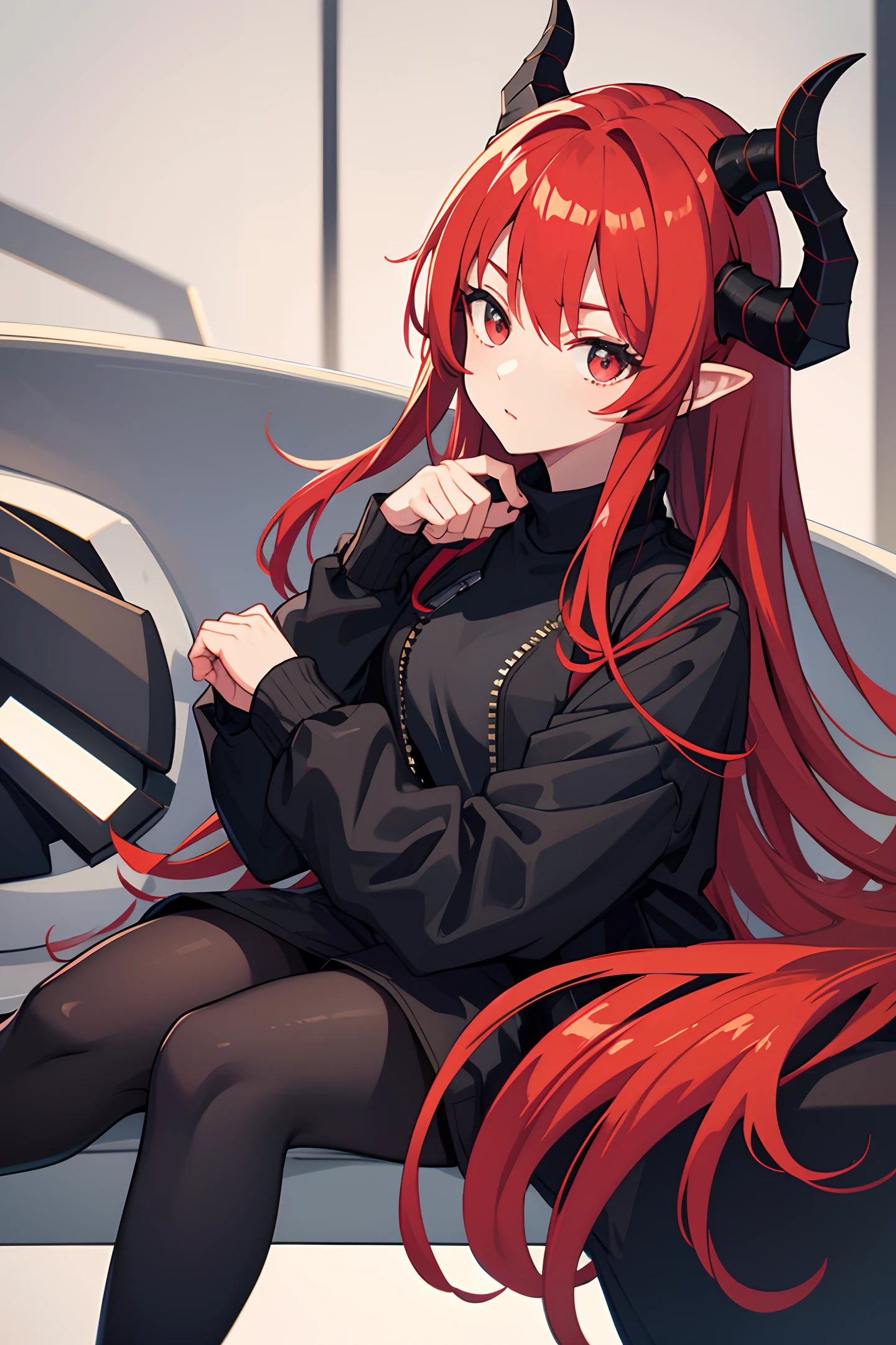 female human with horns, crimson hair, black jacket, black shirt, black shorts, black tights