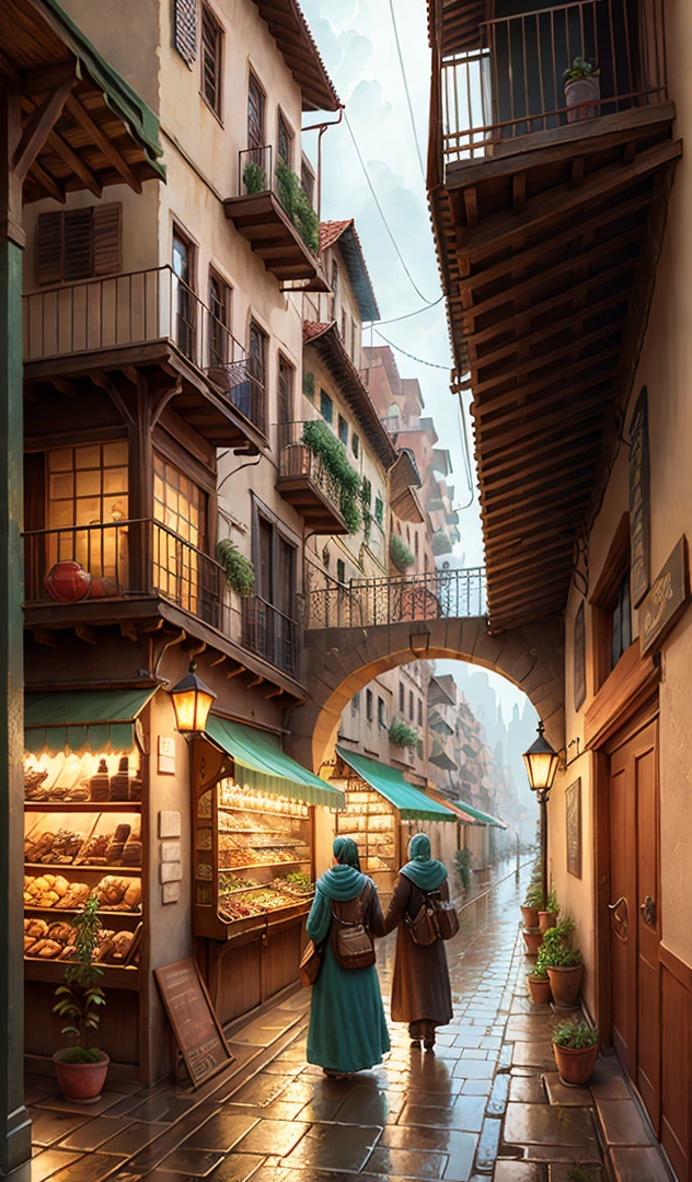 ((masterpiece)),((best quality)),((high detial)),((realistic,)) industrial age city, deep valley in the middle, architectural streets, bazaars, bridges, rainy days, steampunk, European architecture