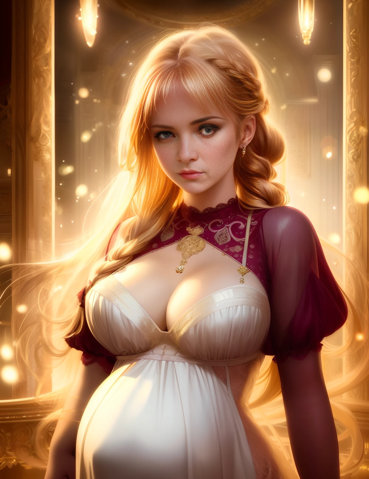 pregnant, fully body image, big chest, maroon negligee top, pneumatic tubes, full body view, Pretty, cute, beautiful woman, wearing see-through negligee, Close-up, Head and chest portrait, realistic photograph, intricate, cinematic lighting, highly detailed, digital painting, grumpy, upset, Concept art, Digital art, High quality, Cinematic lighting, Soft lighting, best quality, masterpiece, upper body, hungarian woman, (smirk:0.4), arms behind head, braided golden hair, sparkling eyes, victorian, floating light particles, centered, Illustration, Details, Portrait, beautiful, detailed gorgeous face, digital painting, artstation, concept art, smooth, sharp focus, by Laura Sava and Anna Dittman and Tom Bagshaw
