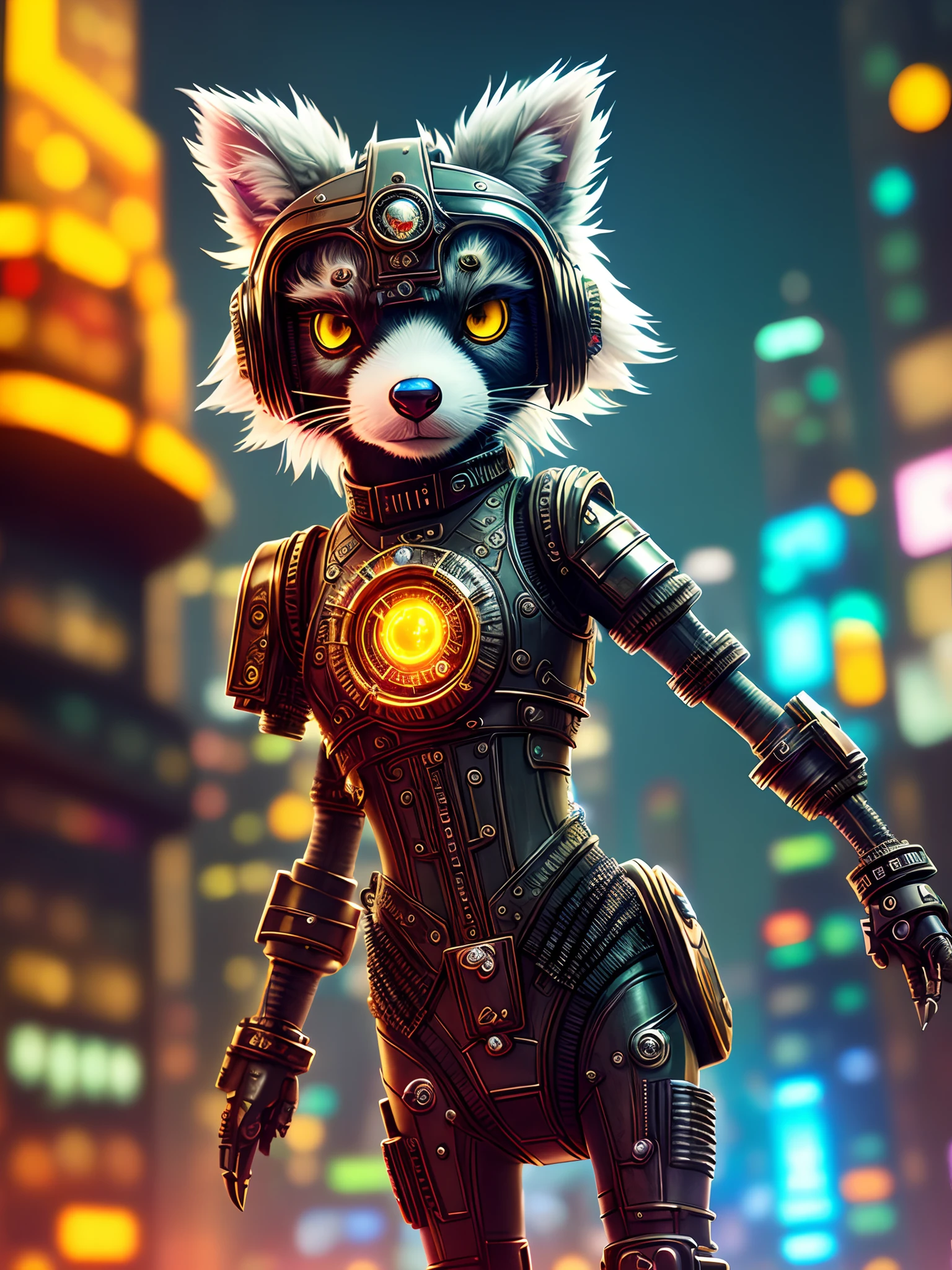 cute furry metal skunk, cyborg, cyberpunk style, clockwork, ((intricate details)), hdr, big eyes, ((intricate details, hyperdetail)), vacuum lamp or electronic lamp, cinematic shot, vignette, bokeh effect background