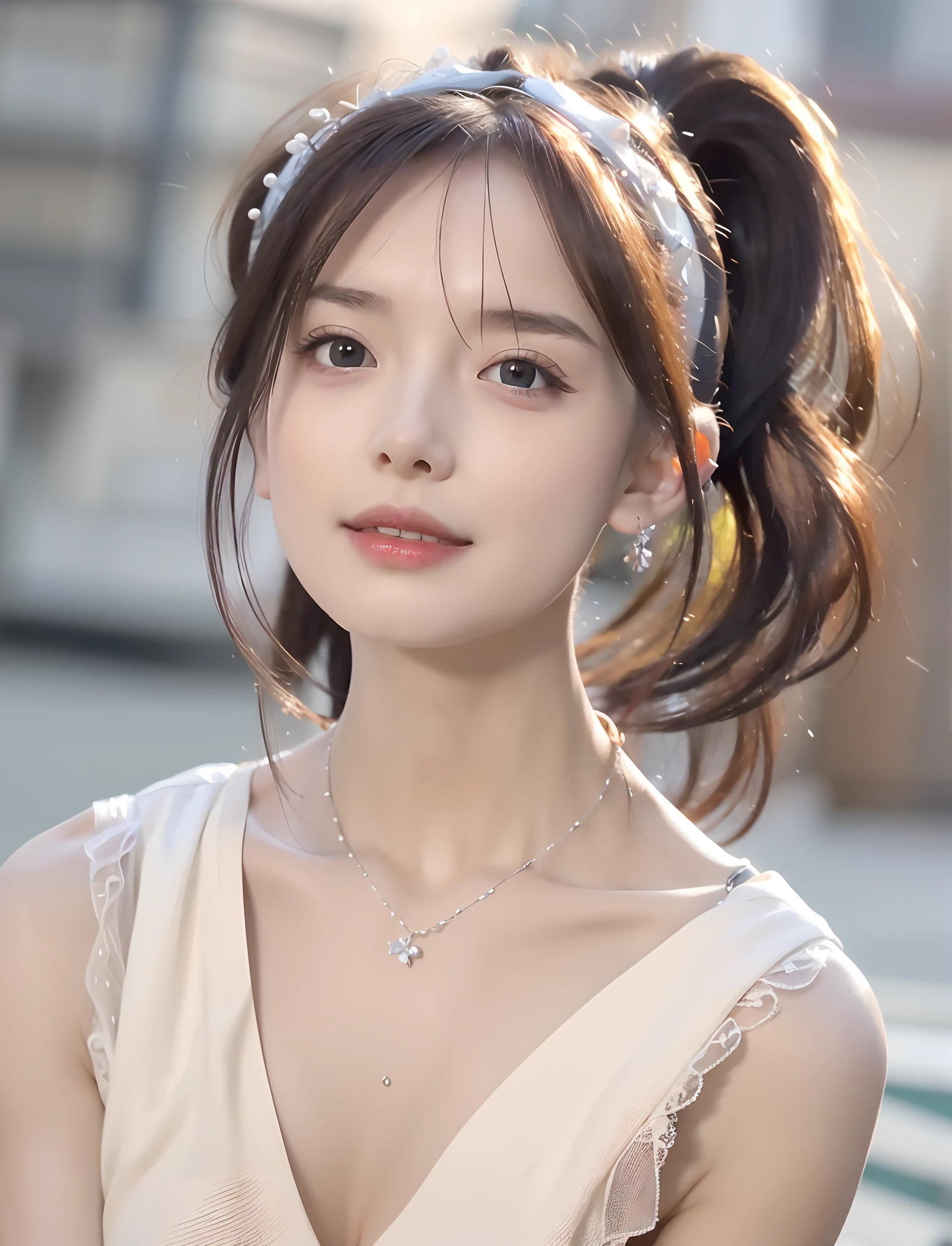 Casual pose, (extremely delicate and beautiful work), (masterpiece), 1girl, girl in white dress, high details, leaky waist, twisted ponytail, charming expression, clear and beautiful eyes, green pupils, delicate necklace, delicate ears Decoration, fairy ears, simple blurred background, extremely detailed description, beautiful and charming, super fine painting, exquisite face, exquisite figure, exquisite clavicle, cute lips, beautiful breasts, soft back, mix4, (8k, RAW photo, best quality , masterpiece:1.2), (fidelity, fidelity:1.37),1girl,cute,cityscape, night, rain, wet, professional lighting, photon mapping, radiosity, physically-based rendering,
