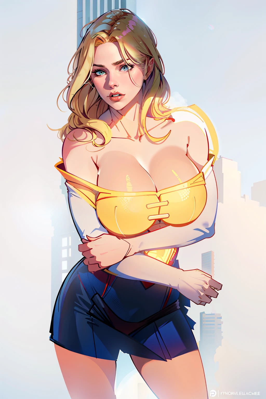 inked, beautiful supergirl shooting in front of a building, blonde hair, red cape, daylight, light from above, day, big building background, volumetric lighting, best quality, masterpiece, intricate, tonemapping, sharp focus, hyper detailed