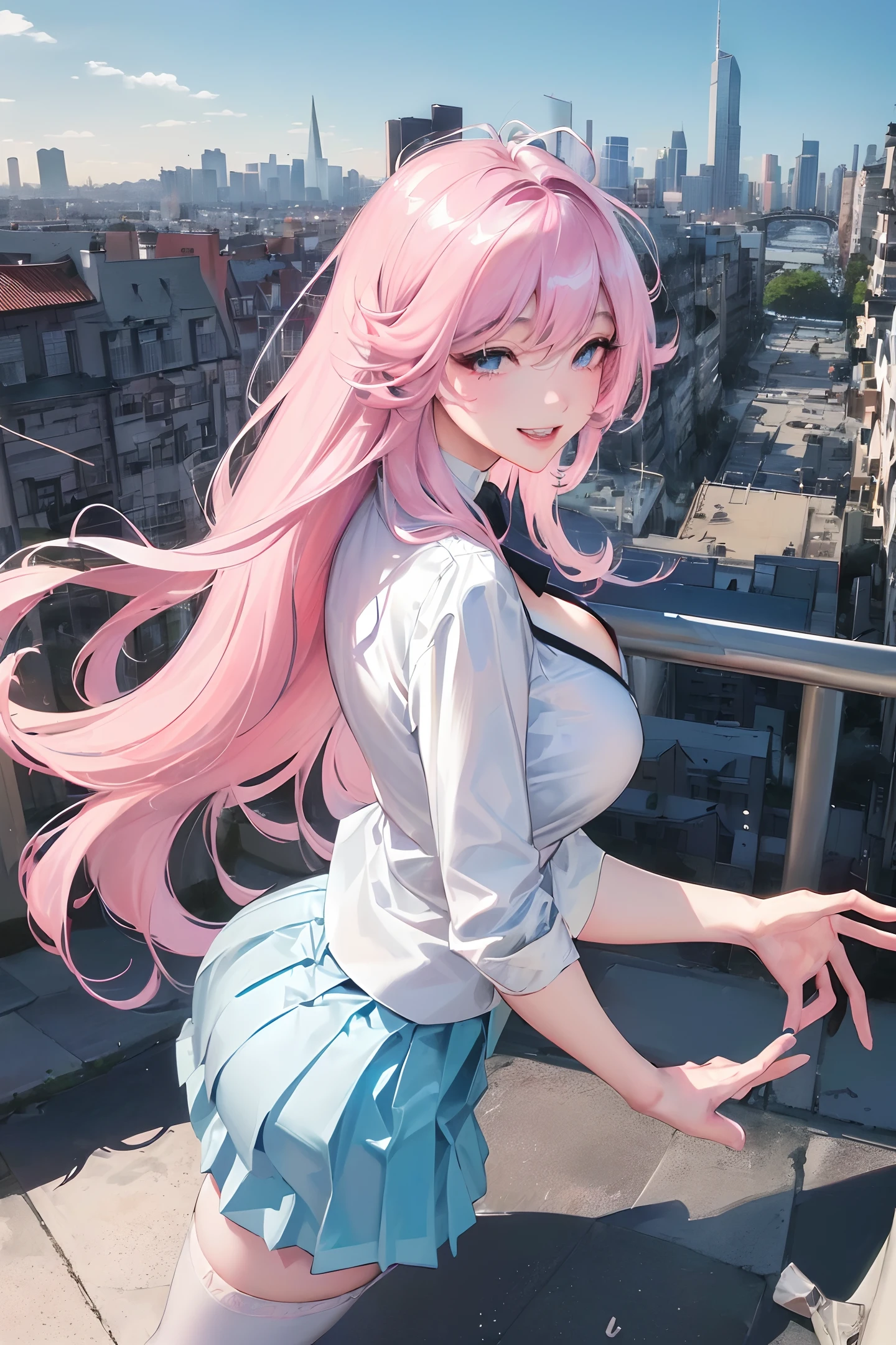 Official Art, Masterpiece, Sharp Focus, (Beautiful Gorgeous and Lovely Korean Woman: 1.3), (Beautiful and Lovely Korean: 1.3), Korean Beauty, Delicate and Beautiful Hair and Eyes and Face, Realistic, Super Detailed, Beautiful Girl, Blue Sky , luminous white particles, (sidelighting: 1.2), sunshine, white clouds, detailed clouds, slender, cute big breasts and big buttocks, grinning teeth, ((eyes open when laughing)), landscape, long straight hair, sexy facial expression, building, (cityscape:1.7), dynamic hair, long straight hair, fine platinum pink hair, glowing blue eyes, (blue pleated shirt + white skirt), white stockings, pale skin, hair decorated with epic landscapes,