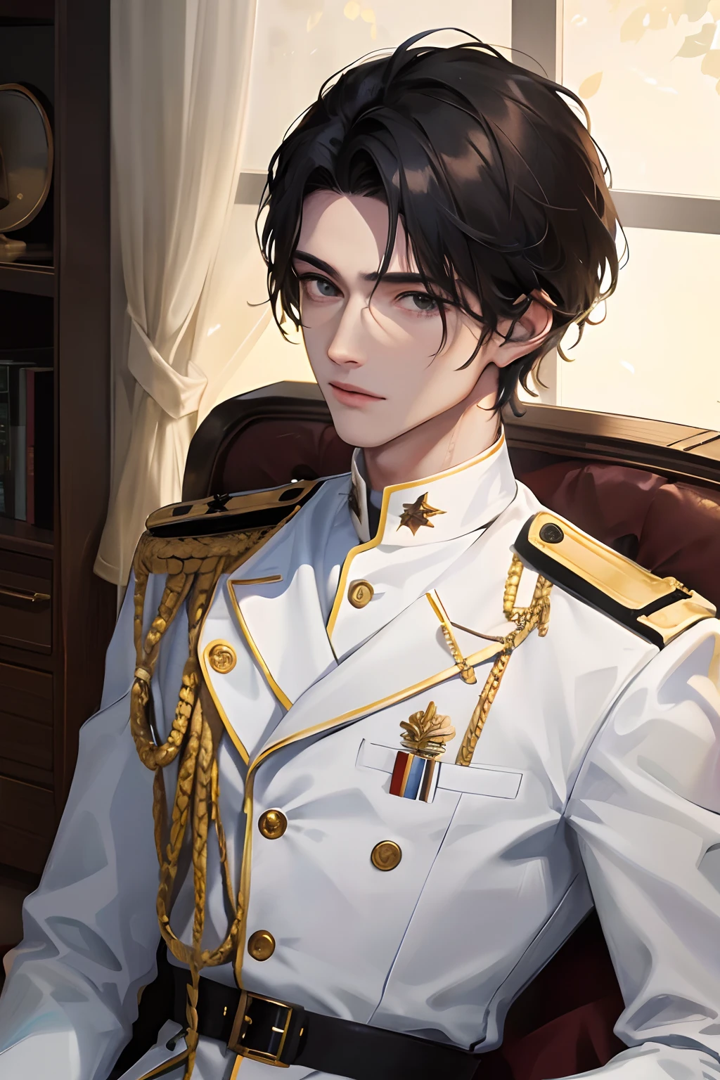 (High resolution, distinct_image) Stunning character, masterpiece, high detail, semi-realistic, short black haired man, middle parted hair, 18 years old, young, tall and strong, pure white clothes, white uniform, military uniform, military school, unrestrained, unrestrained, handsome , Autocratic, strong aura, exquisite facial features, exquisite facial features,