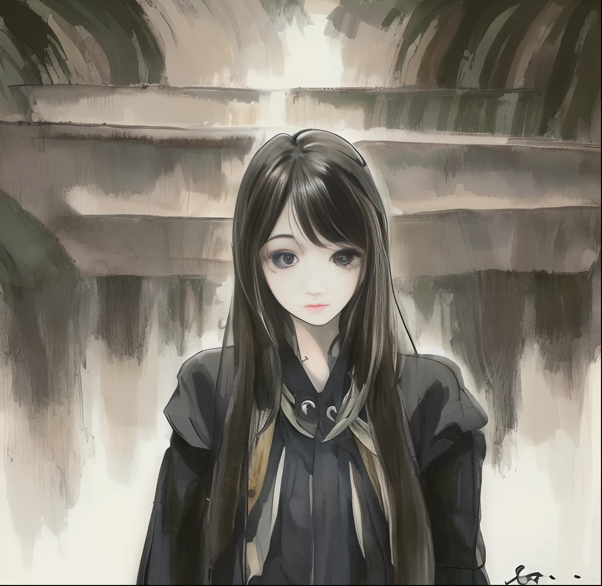 masterpiece, best quality, official art, 8k wallpaper, highly detailed, illustration, 1 girl, black hair, long hair, big eyes, pure, soft smile