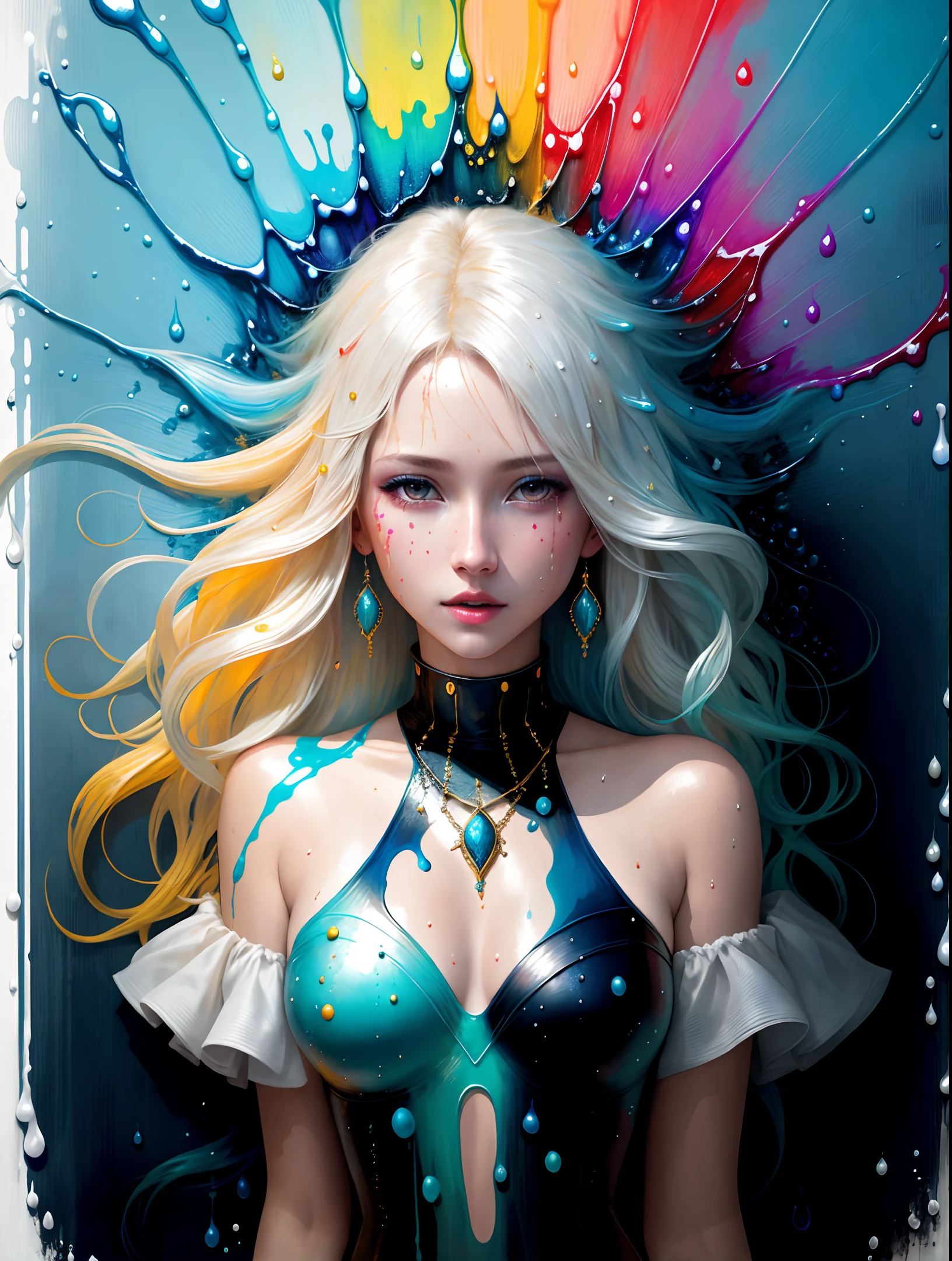Beautiful supermodel woman, blonde blonde hair, slightly highlighted locks of hair, blue gray eyes, mixed media, wet paint, jewel beetle, colored background, liquid color flowing over her face, shot by ZHANG JINGNA.