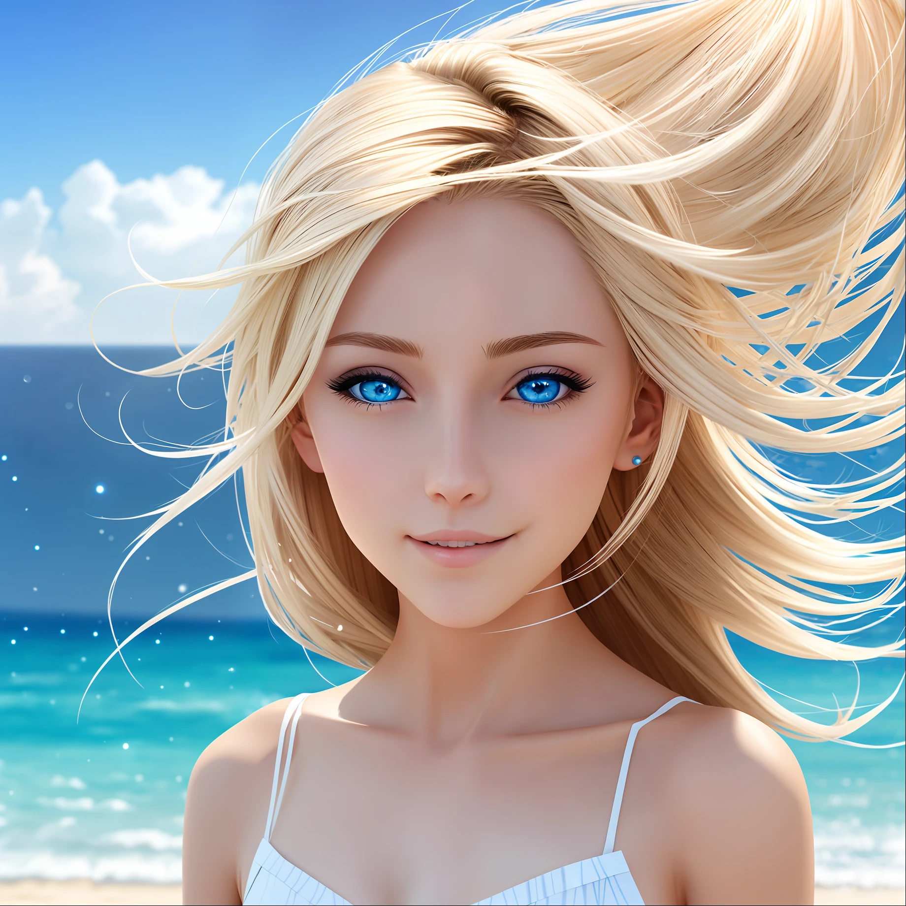 Pretty Female, Windblow blonde hair, glowing blue eyes, realistic, masterpiece, high detailed, 4K, beach background, high detailed light, little smile, white skin
