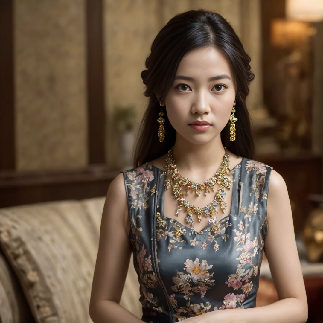 ,1girl, solo, chinese girl, realistic, photography, photorealistic, looking at viewer, blurry background, black hair, necklace, solo focus, long hair, china dress, indoor, living room, cinematic lighting, depth of field ,