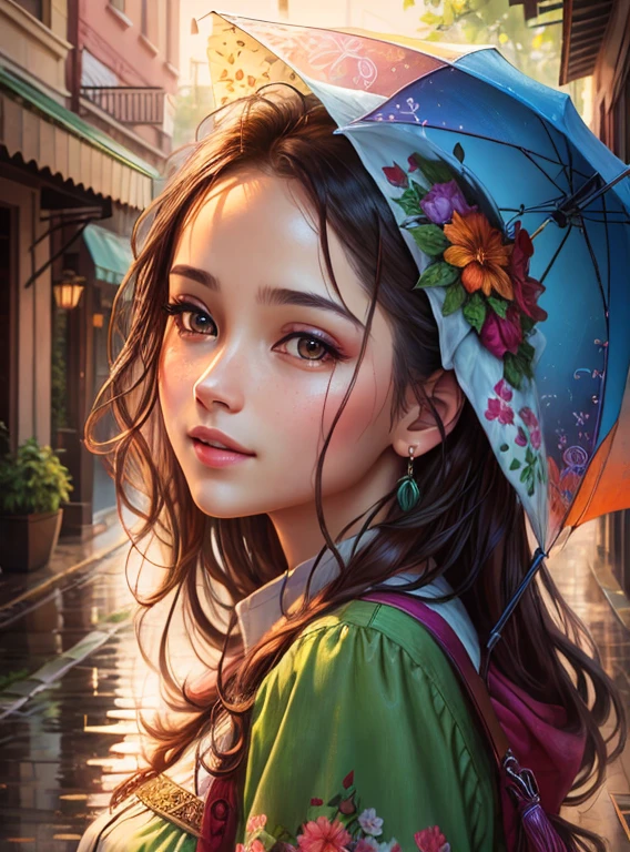 After the rain, realistic photography, colorful background, detailed portrait, intricate details, rich colors, realistic style, front view,