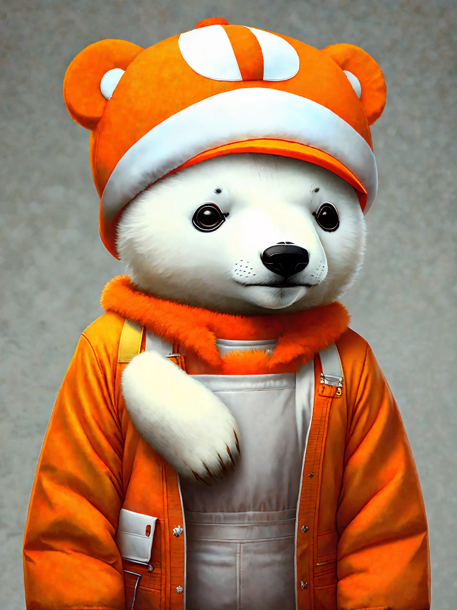 Wearing a hat white polar bear, wearing orange overalls, anthropomorphic, furry, One Piece style