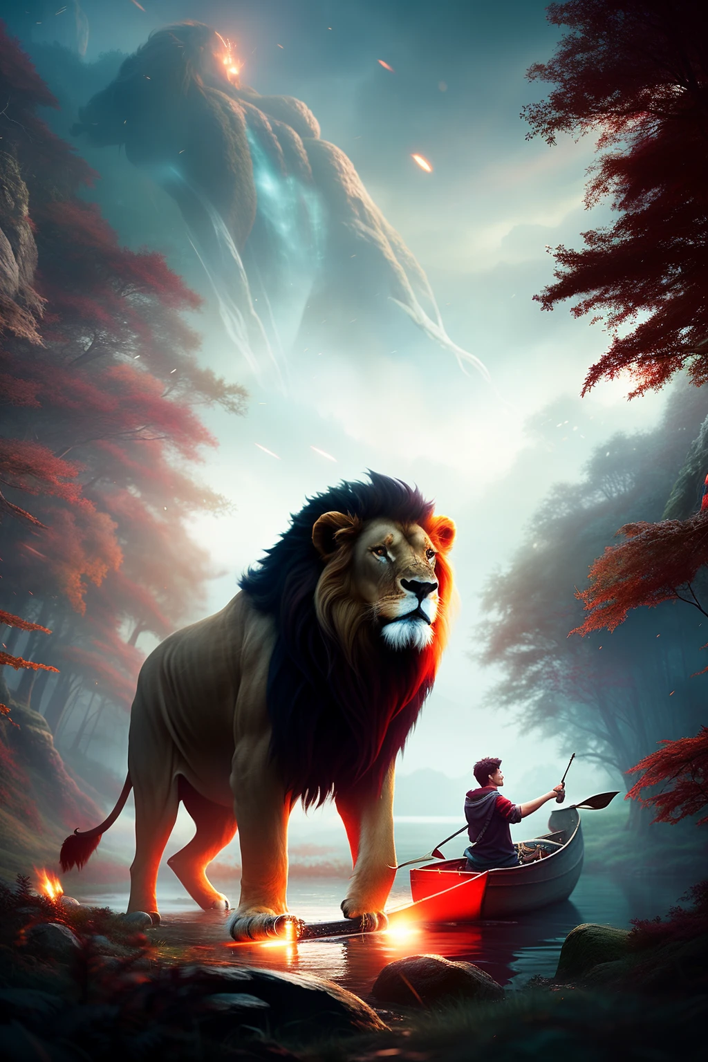 mammoth - lion in a dark forest with a man in a boat, dark red and light beige style, anime art, kingcore, rococo kingdom, light white and red, action painting, dansaekhwa by TJ Drysdale and Brandon Woelfel