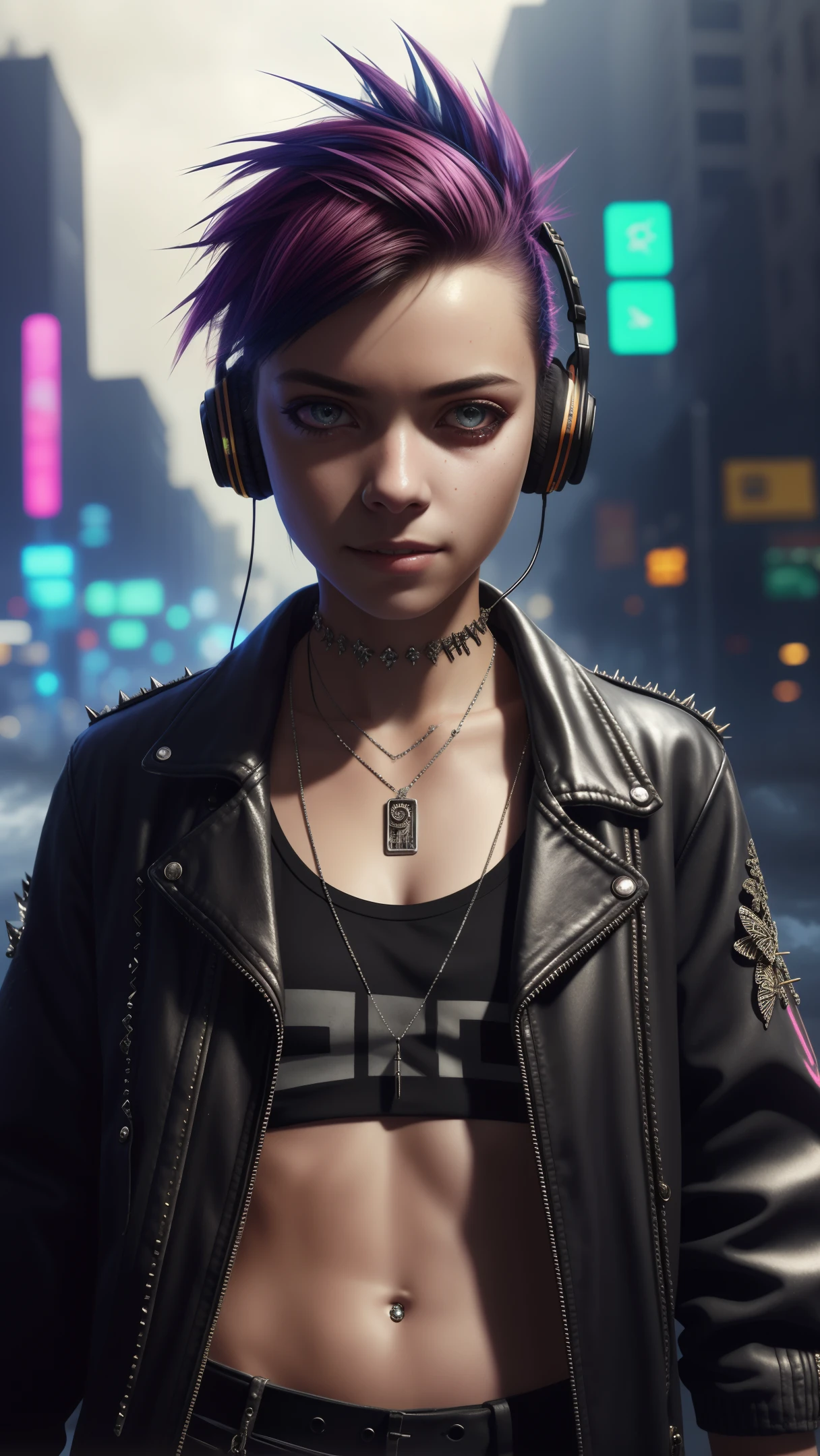 Highly detailed portrait of a solo 1girl standing on a street corner during a rainstorm with lightning strikes and a cloudy sky, neon and cyberpunk backdrop, she is dressed in a punk outfit with silver chains and silver spikes, she is wearing a butterfly wing hair clip. tousled hair, wearing headphones, petite, detailed glowing red eyes with sharp pupils, sinister halo aura, smile, punk, cyberpunk, backlighting, chromatic aberration, depth of field, soft lighting, masterpiece, best quality, intricate, tone map, high detail, artstation, concept art, smooth, sharp focus, dramatic lighting, highly detailed illustrations, cinematic, hyper-realistic painting, popular on Artstation, 8K, incredible shadows, realism (highly detailed background: 1.0)
