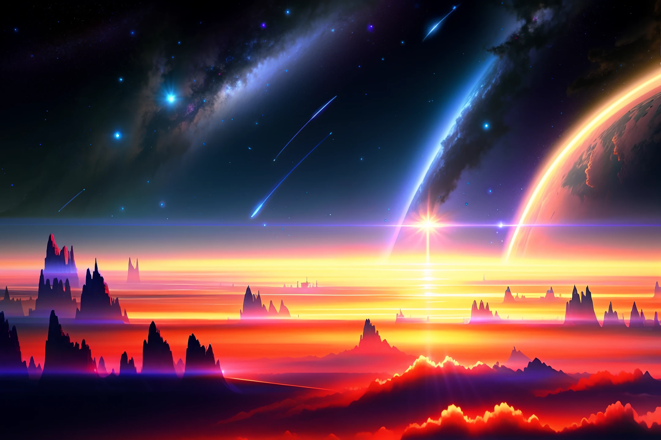 Beautiful oriental background spacescape photo by Ivan Aivazovskiy, rays, 8k –ar 1: 2