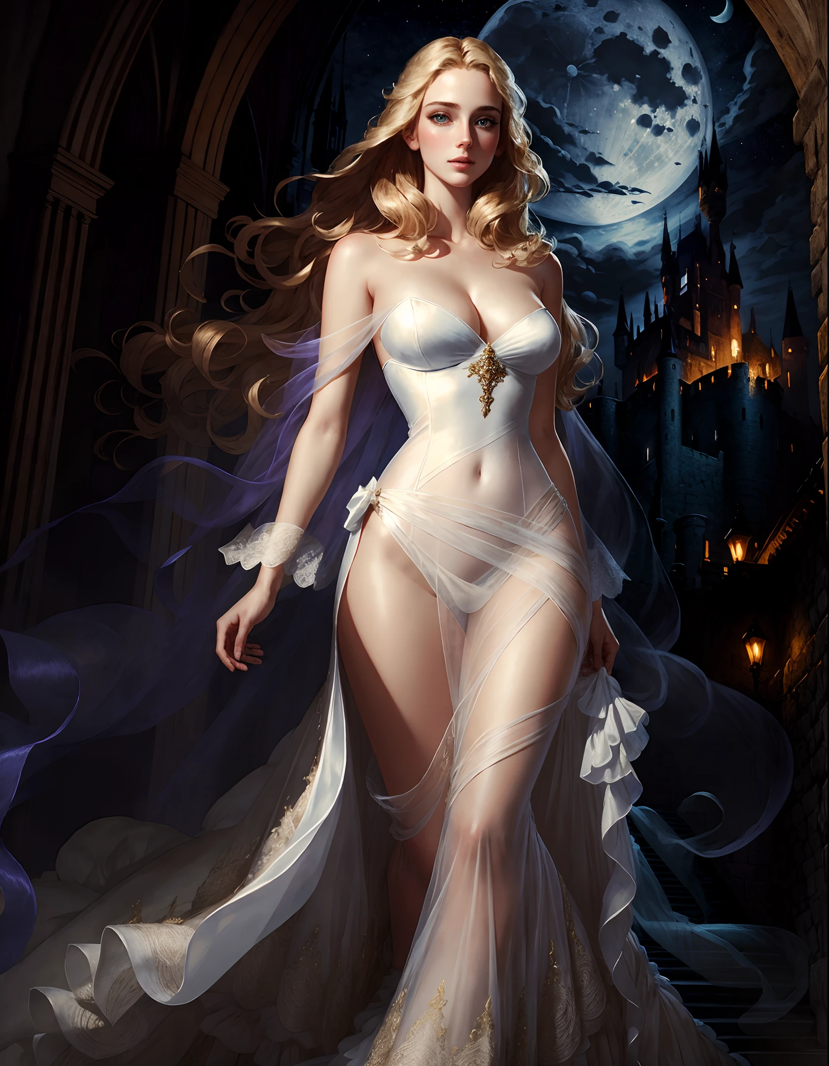 masterpiece, highest quality, solo focus, (ideal face: 1.1), (high detail: 1.1), dramatic, dynamic pose, 1 girl, ???????, blond hair, blue eyes, solo, cleavage, long hair, curvaceous, medium ?????, see-through, dress, ????, covered navel, white dress, ???? shoulders, wide ????, thick ????, lips, covered, robe, pelvic curtain, castle, night, moon, detailed background, art by artgerm and greg rutkowski , cinematic lighting,