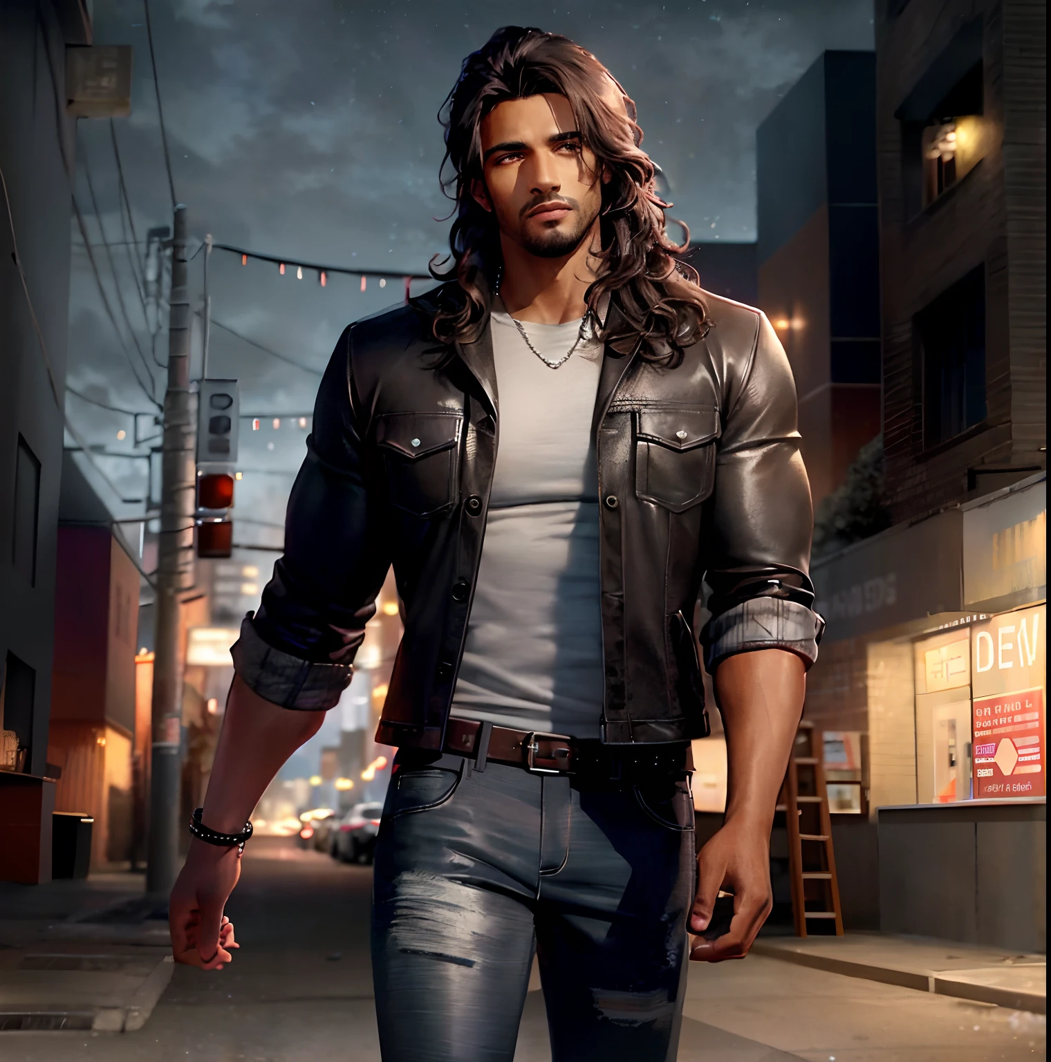 Male, muscular, brown skin, long brown curly hair, dark suit pants, black blazer, white shirt inside, urban background, night, in a dark alley, realistic, 8k, Unreal Engine, very detailed, octane rendering,