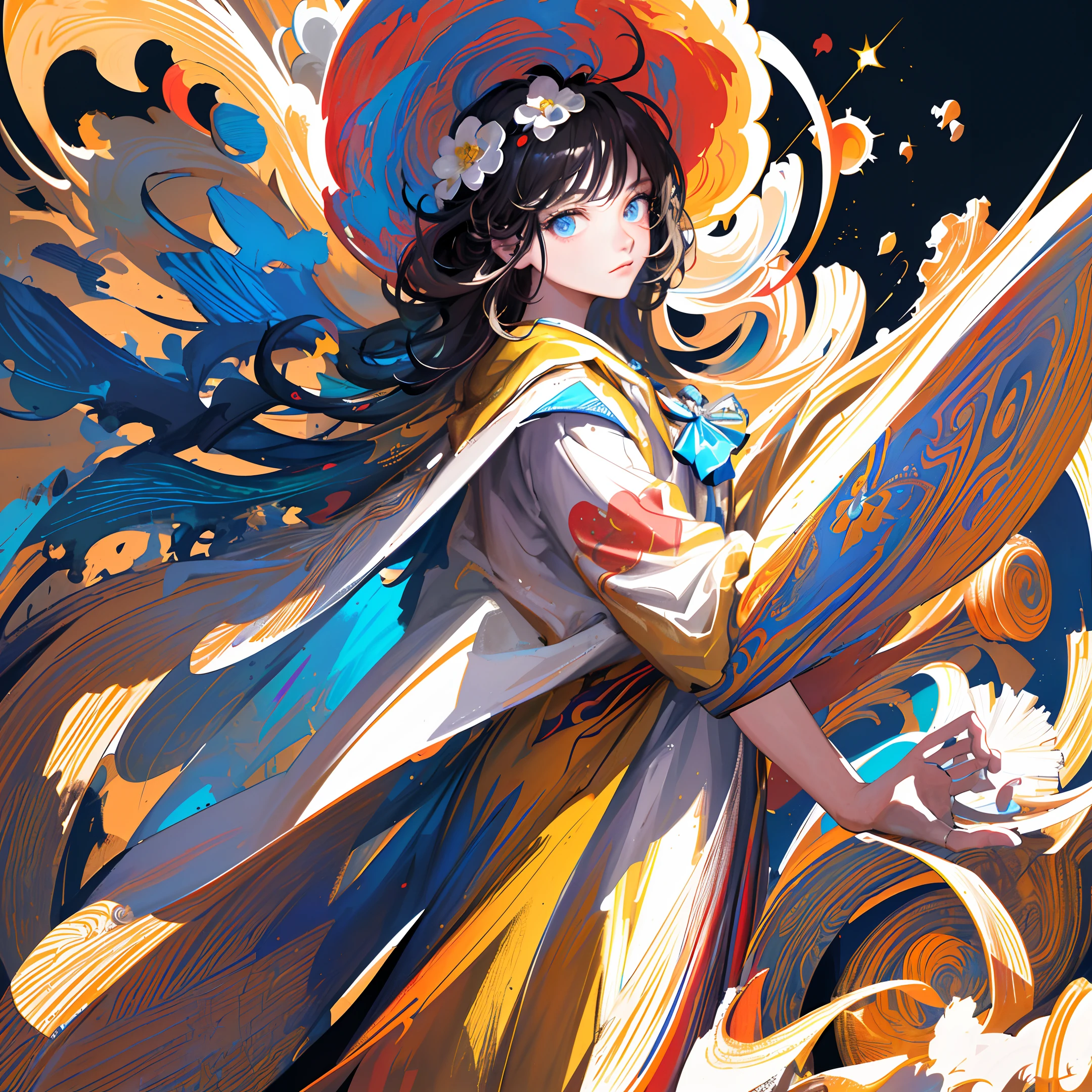 (masterpiece), (best quality), (ultra detailed),(messy hair),(illustration), (1boy,1girl), avatar, macro lens, (Fashionable clothing), standing,Fashion model, looking at viewer, ( interview), (simple background), beautiful detailed eyes, exquisite beauty, Floating, (high saturation), (colorful splashs), colorful bubble, (shining), focus on face,