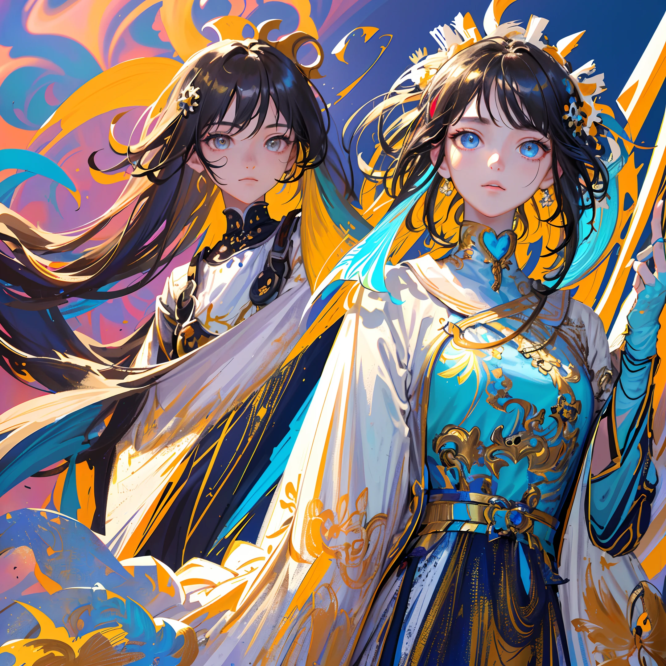 (masterpiece), (best quality), (ultra detailed),(messy hair),(illustration), (1boy,1girl), avatar, macro lens, (Fashionable clothing), standing,Fashion model, looking at viewer, ( interview), (simple background), beautiful detailed eyes, exquisite beauty, Floating, (high saturation), (colorful splashs), colorful bubble, (shining), focus on face,