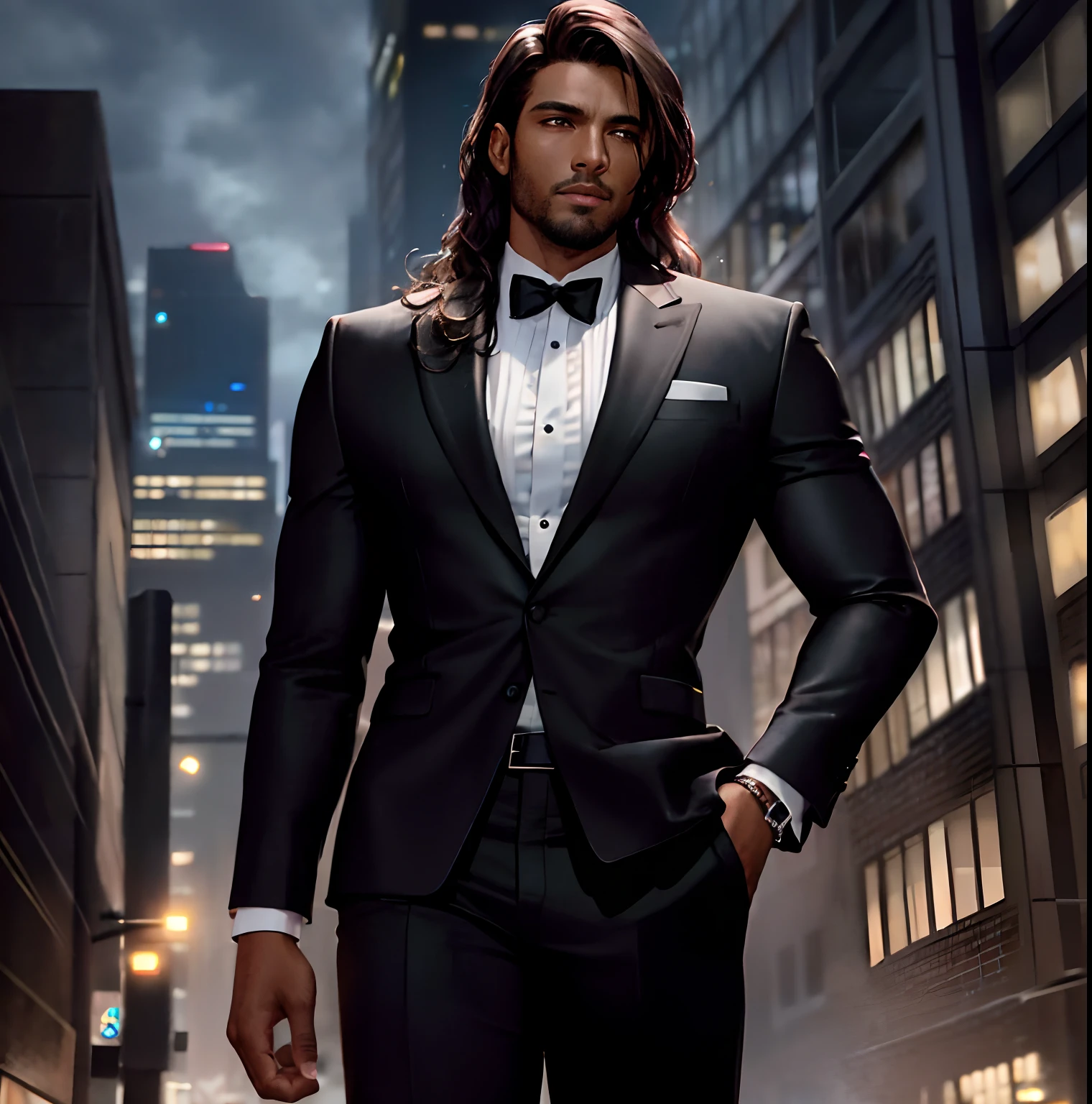 Male, muscular, brown skin, long brown curly hair, dark suit pants, black blazer with white shirt inside, city background, night, in a dark alley, realistic, 8k, Unreal Engine, highly detailed, octane rendering,